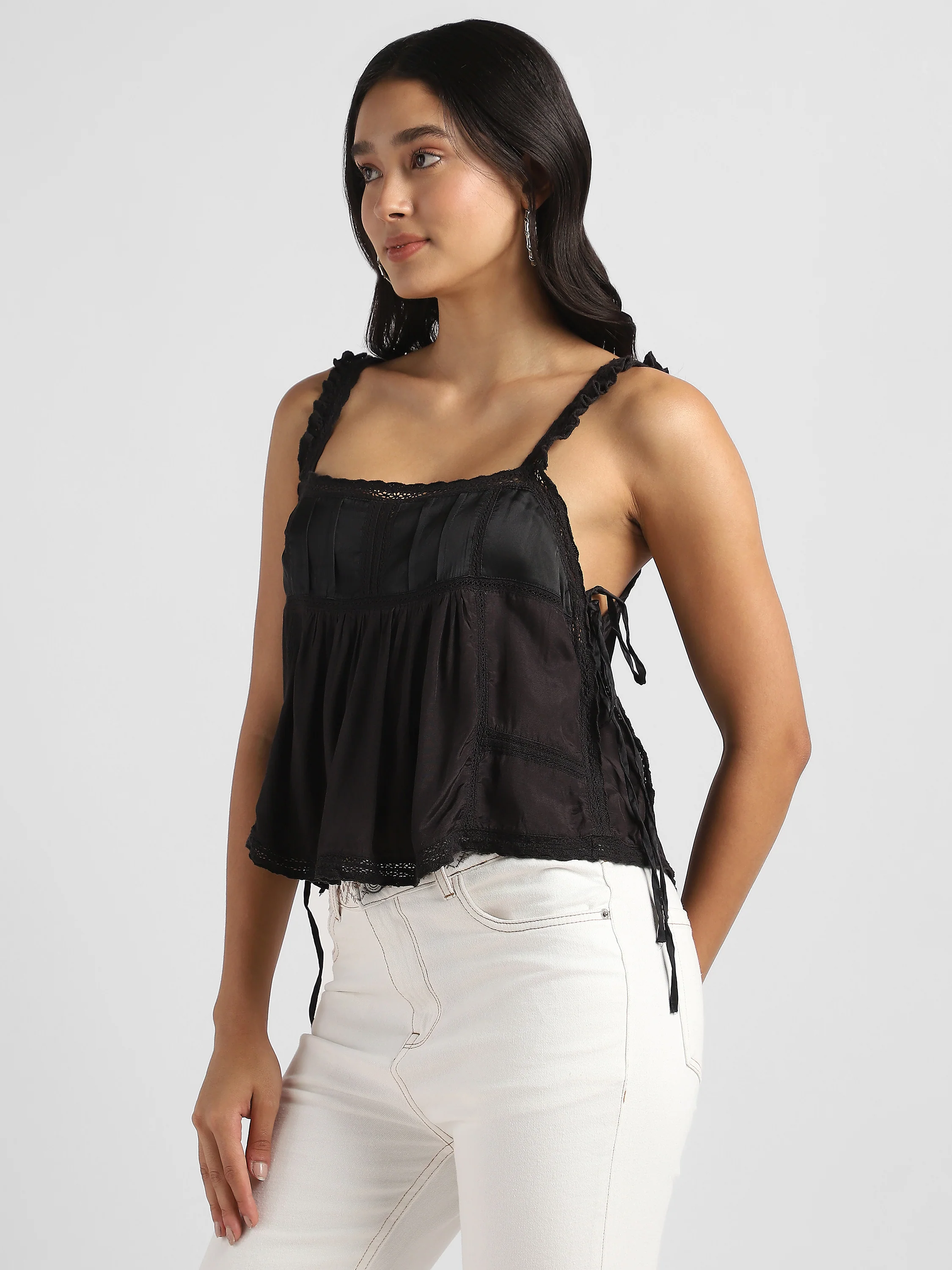 Women Black Satin Top with Lace Inserts - Image 4