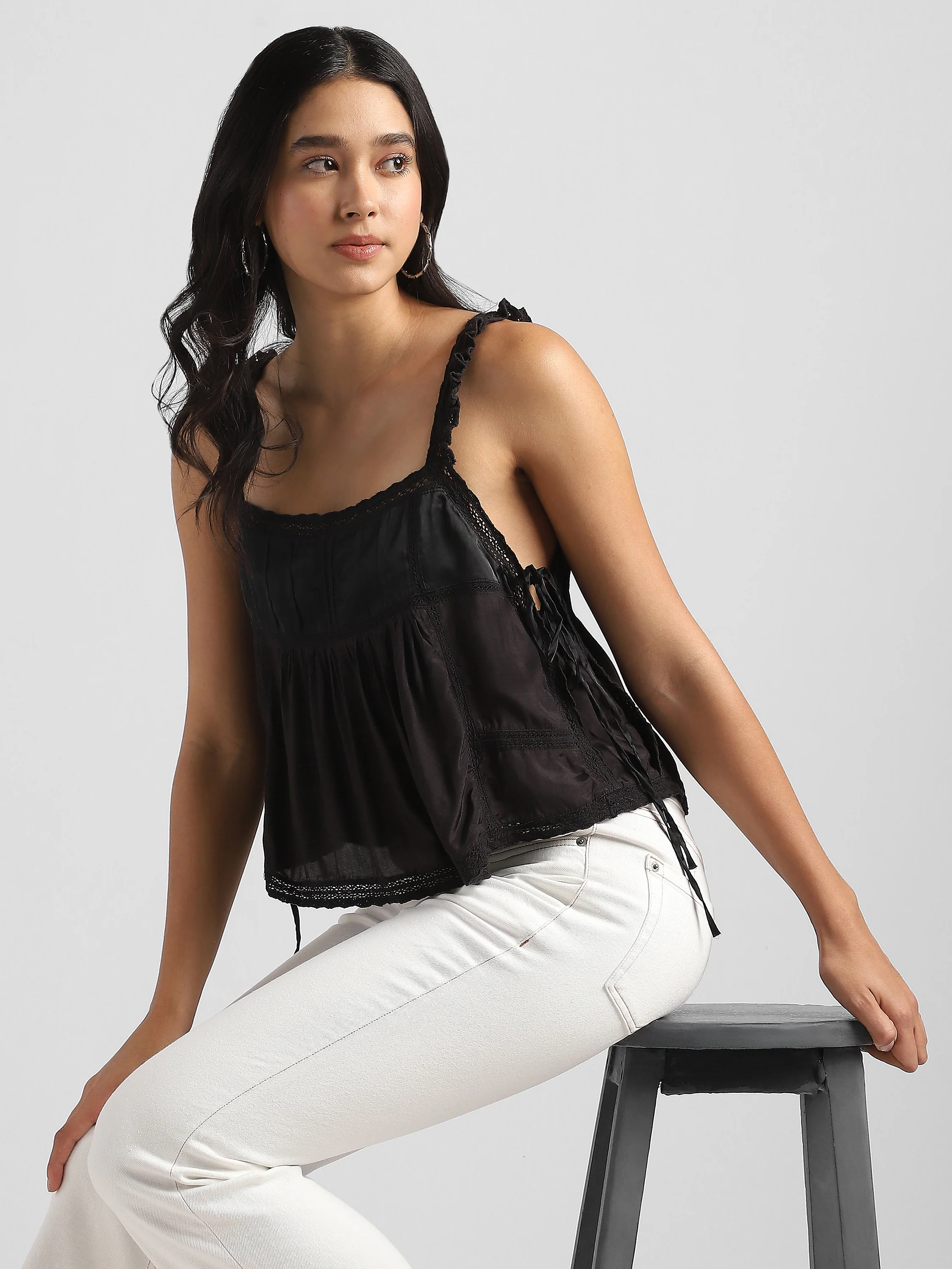 Women Black Satin Top with Lace Inserts - Image 5