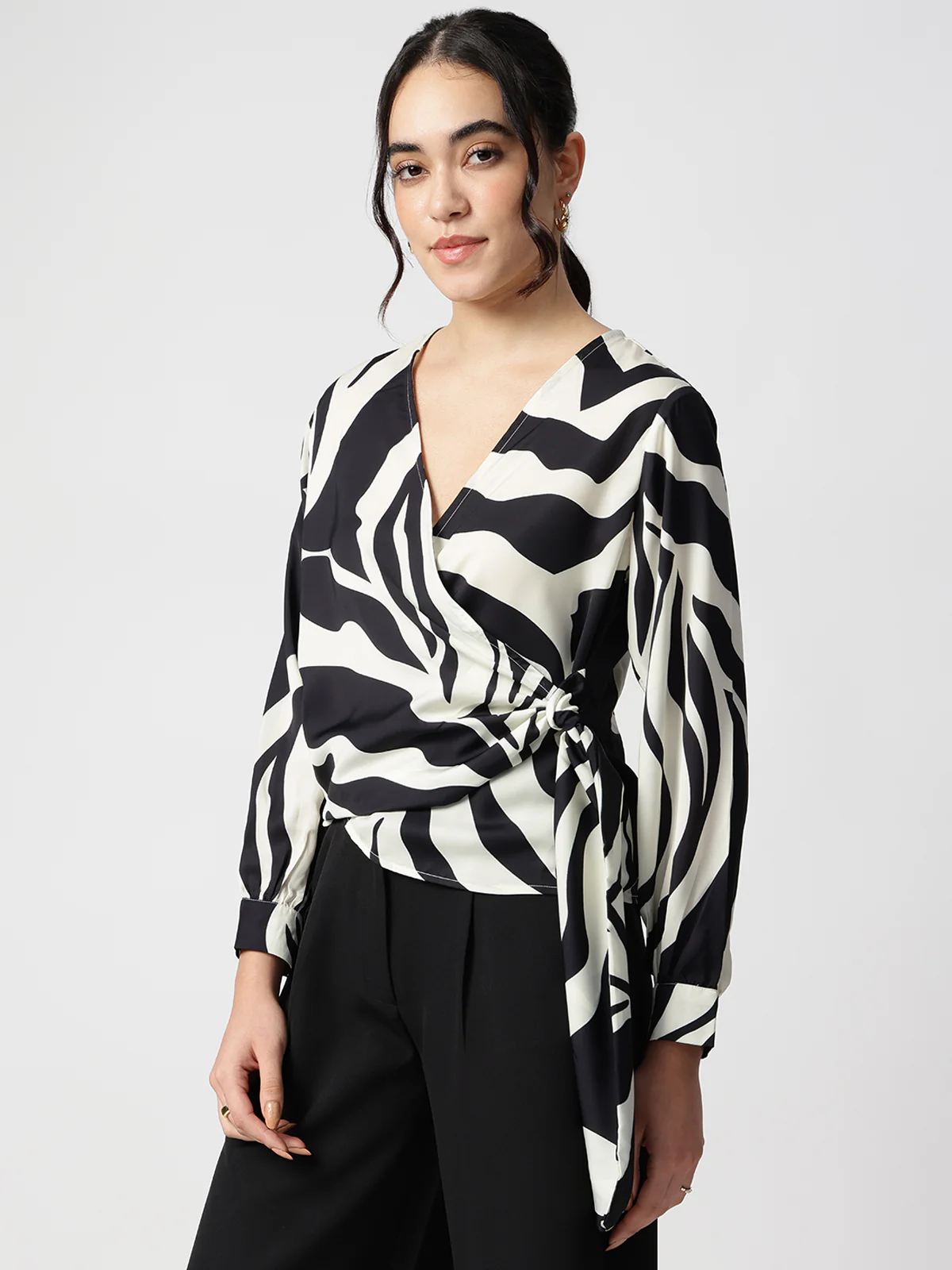 Women Black Satin V-Neck Top - Image 3