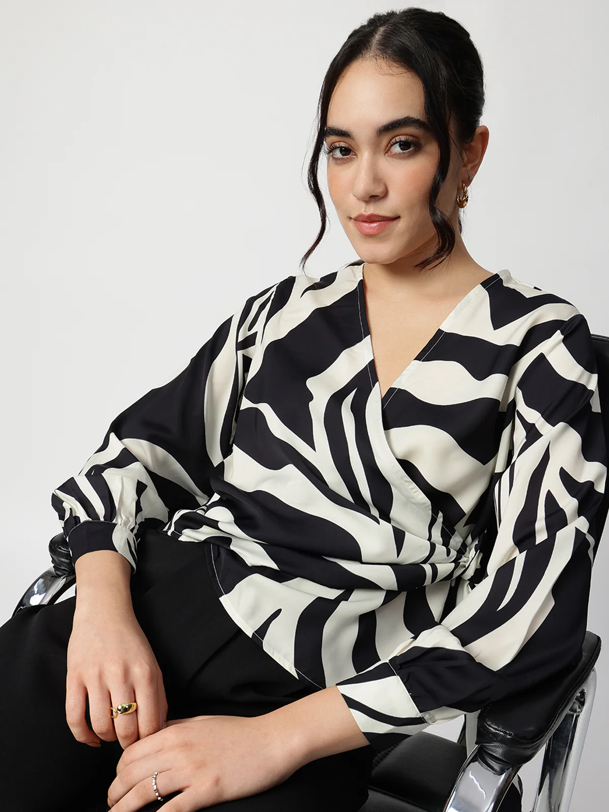 Women Black Satin V-Neck Top - Image 6