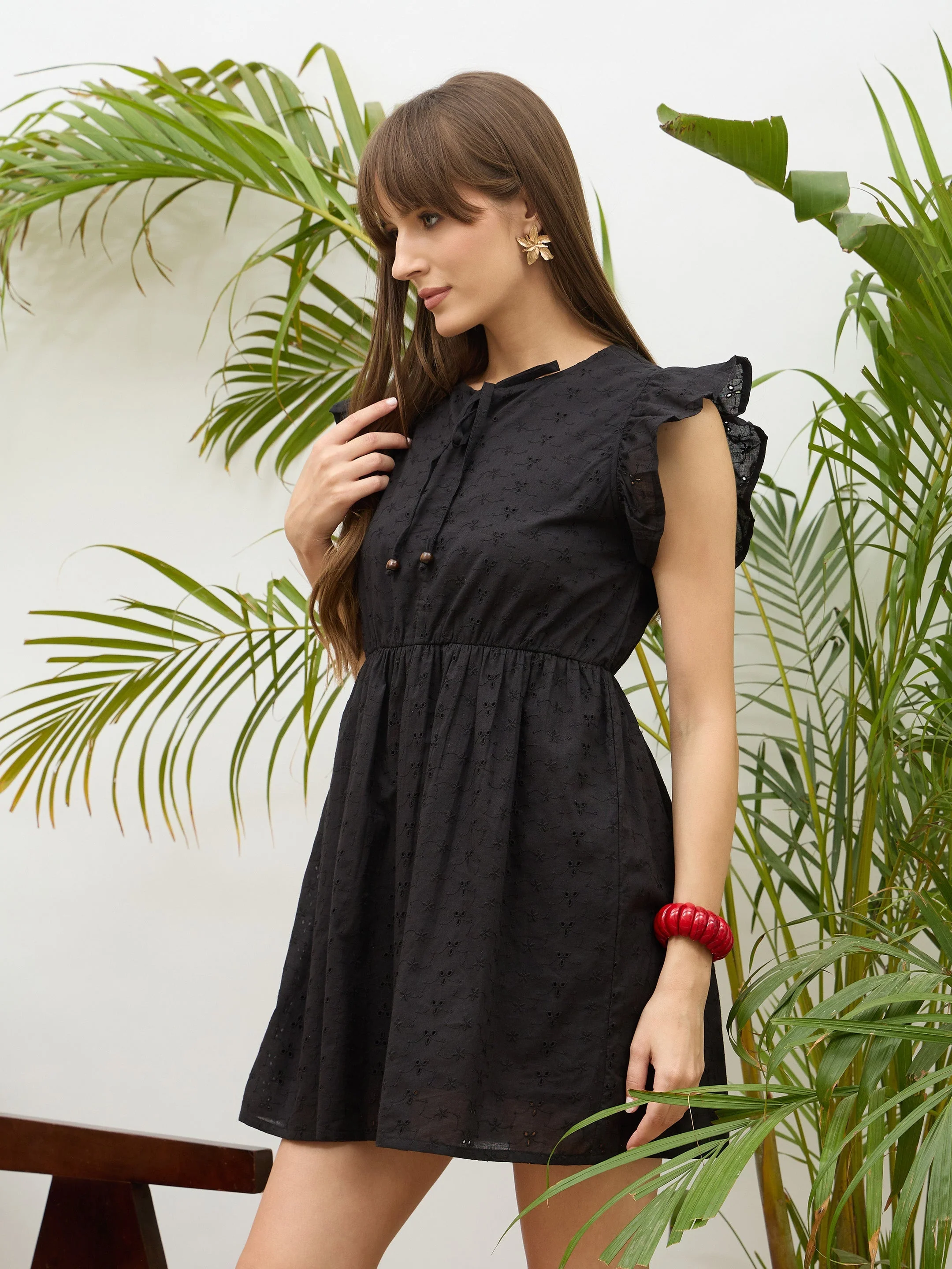 Women Black Schiffli Frill Sleeves Short Dress - Image 3