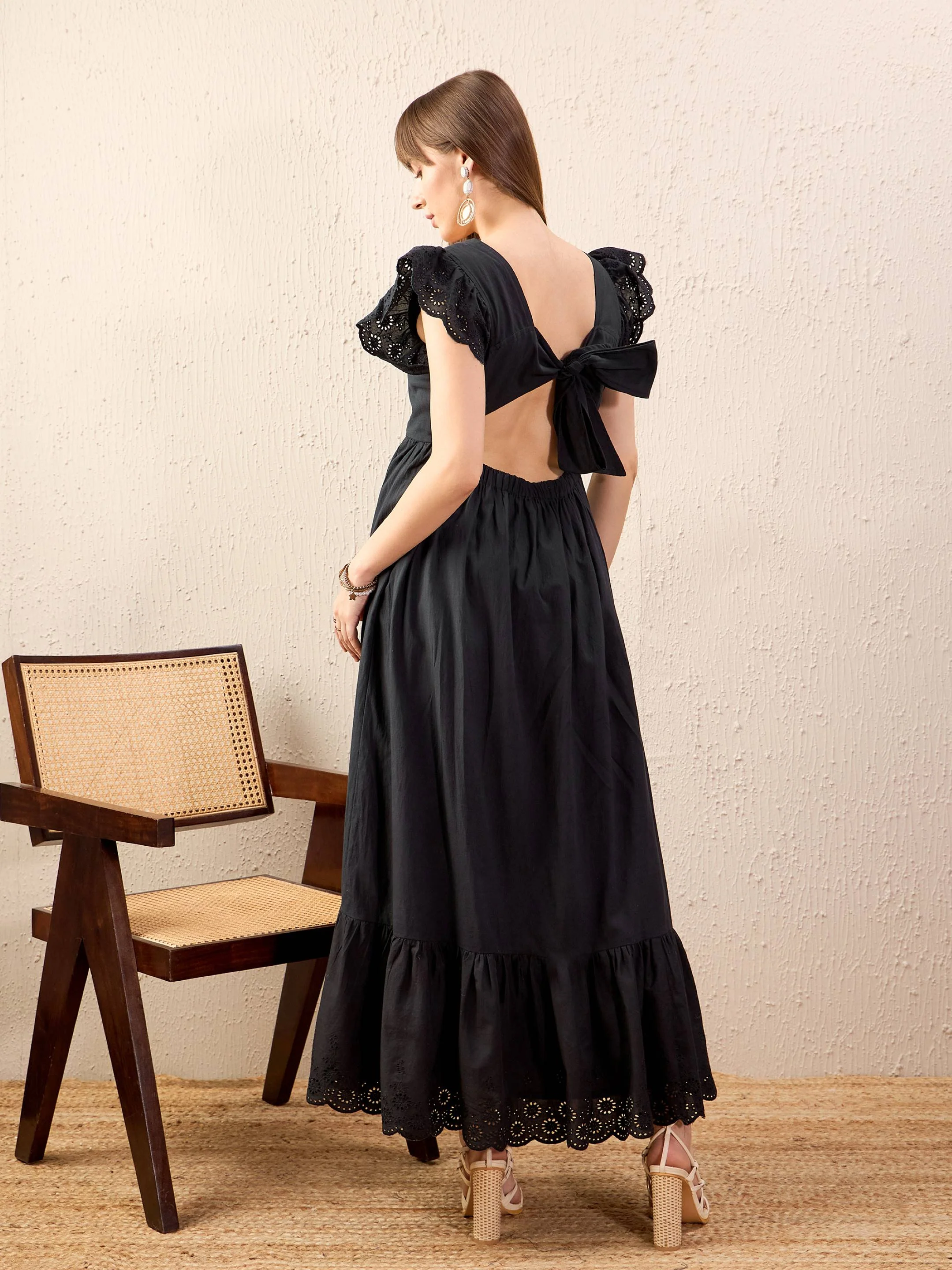 Women Black Schiffli Square Neck Frill Hem Maxi Dress - Image 2