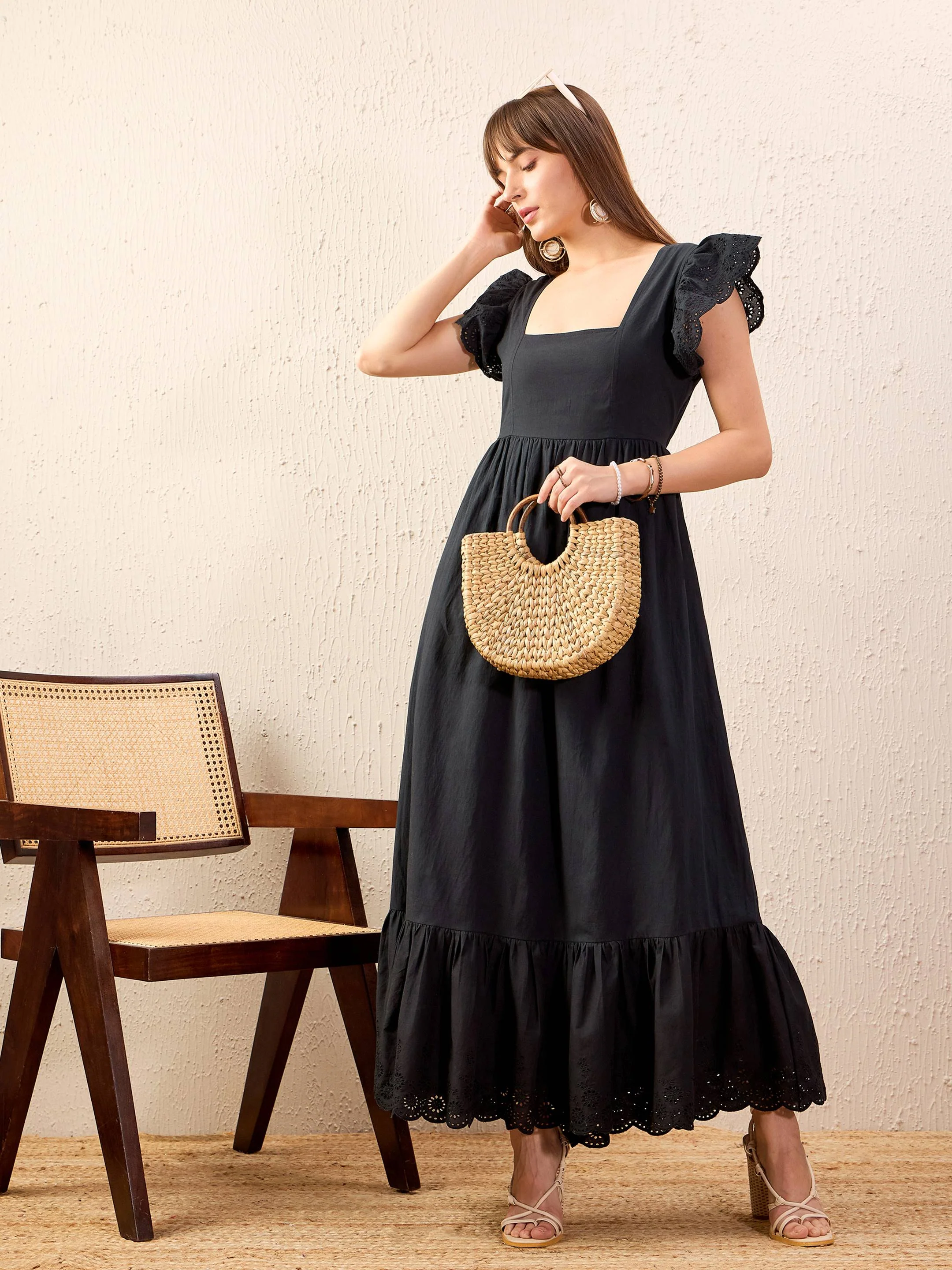 Women Black Schiffli Square Neck Frill Hem Maxi Dress - Image 5