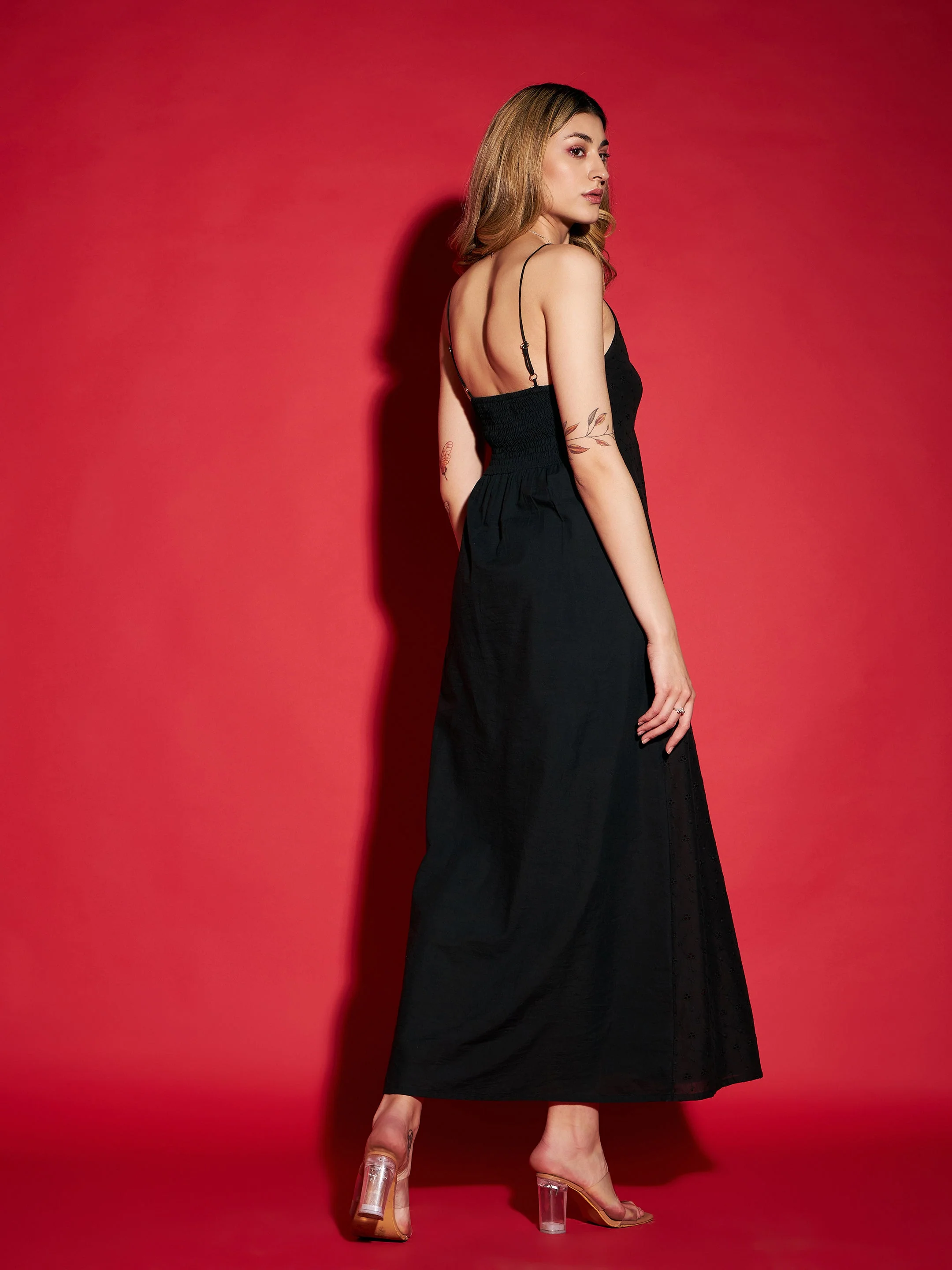 Women Black Schiffli Strappy Maxi Dress - Image 4