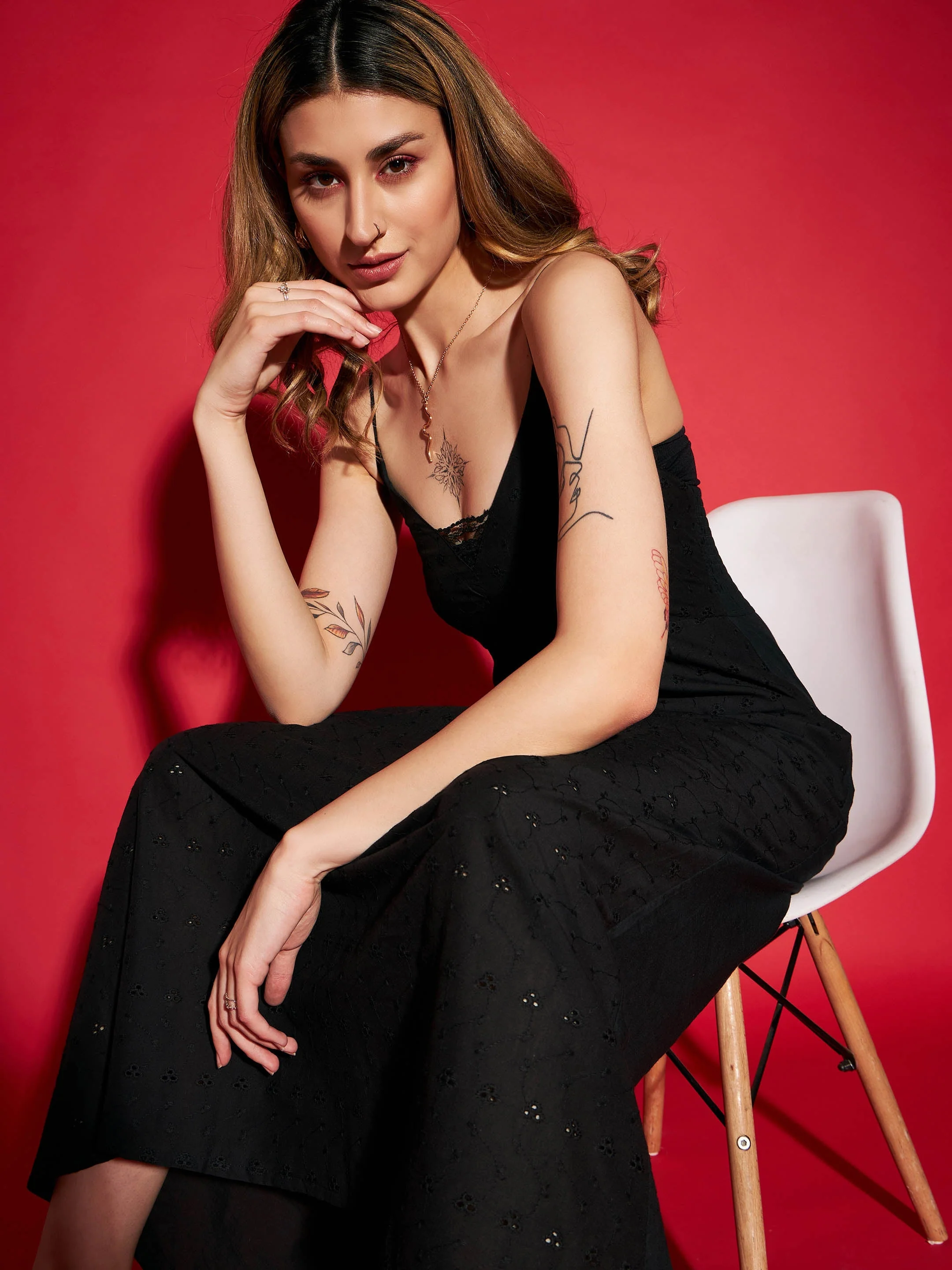 Women Black Schiffli Strappy Maxi Dress - Image 5