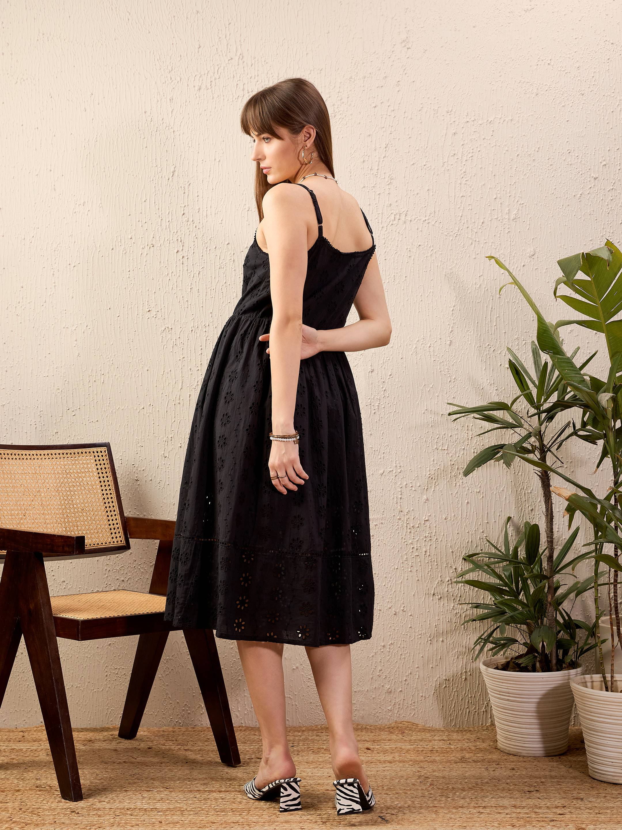 Women Black Schiffli Strappy Midi Dress - Image 2