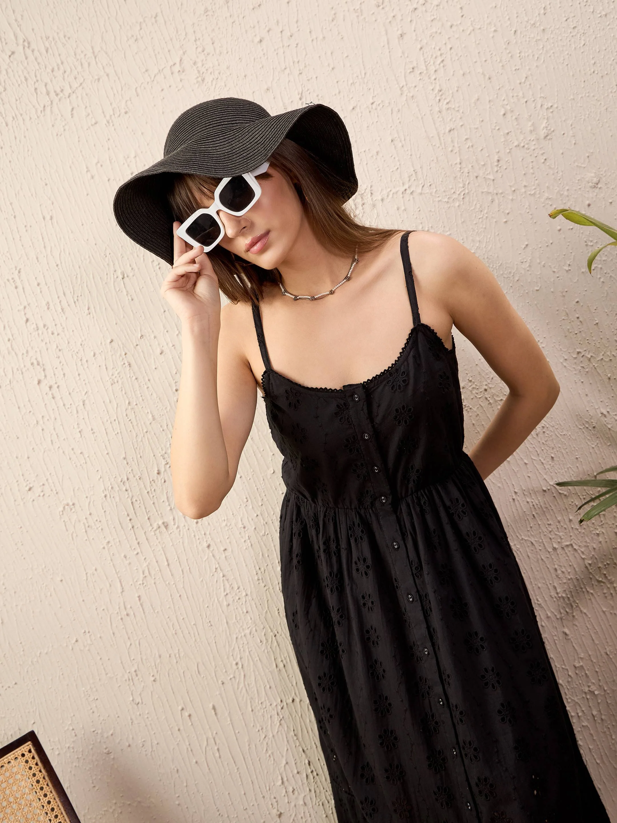 Women Black Schiffli Strappy Midi Dress - Image 4
