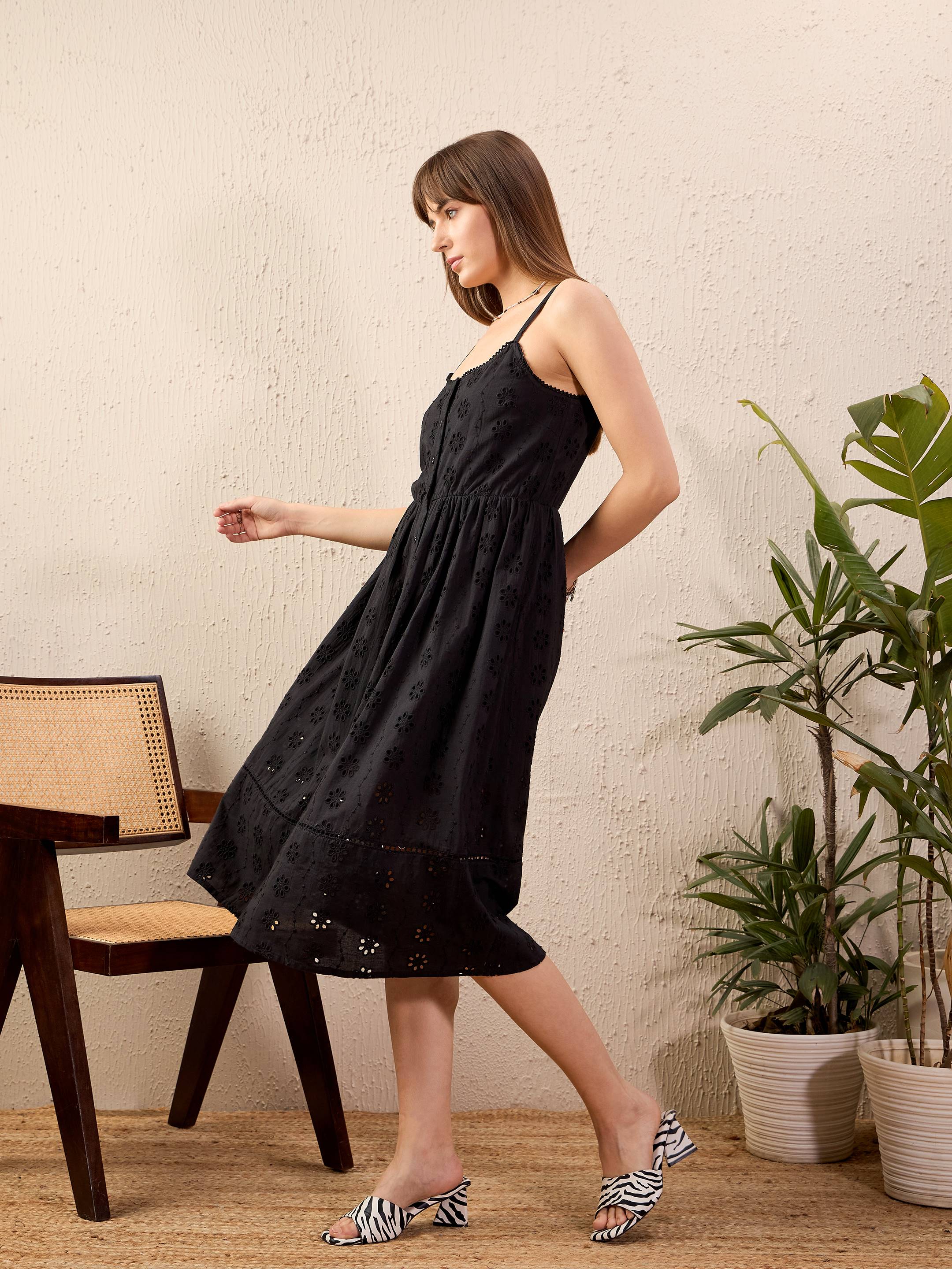 Women Black Schiffli Strappy Midi Dress - Image 5