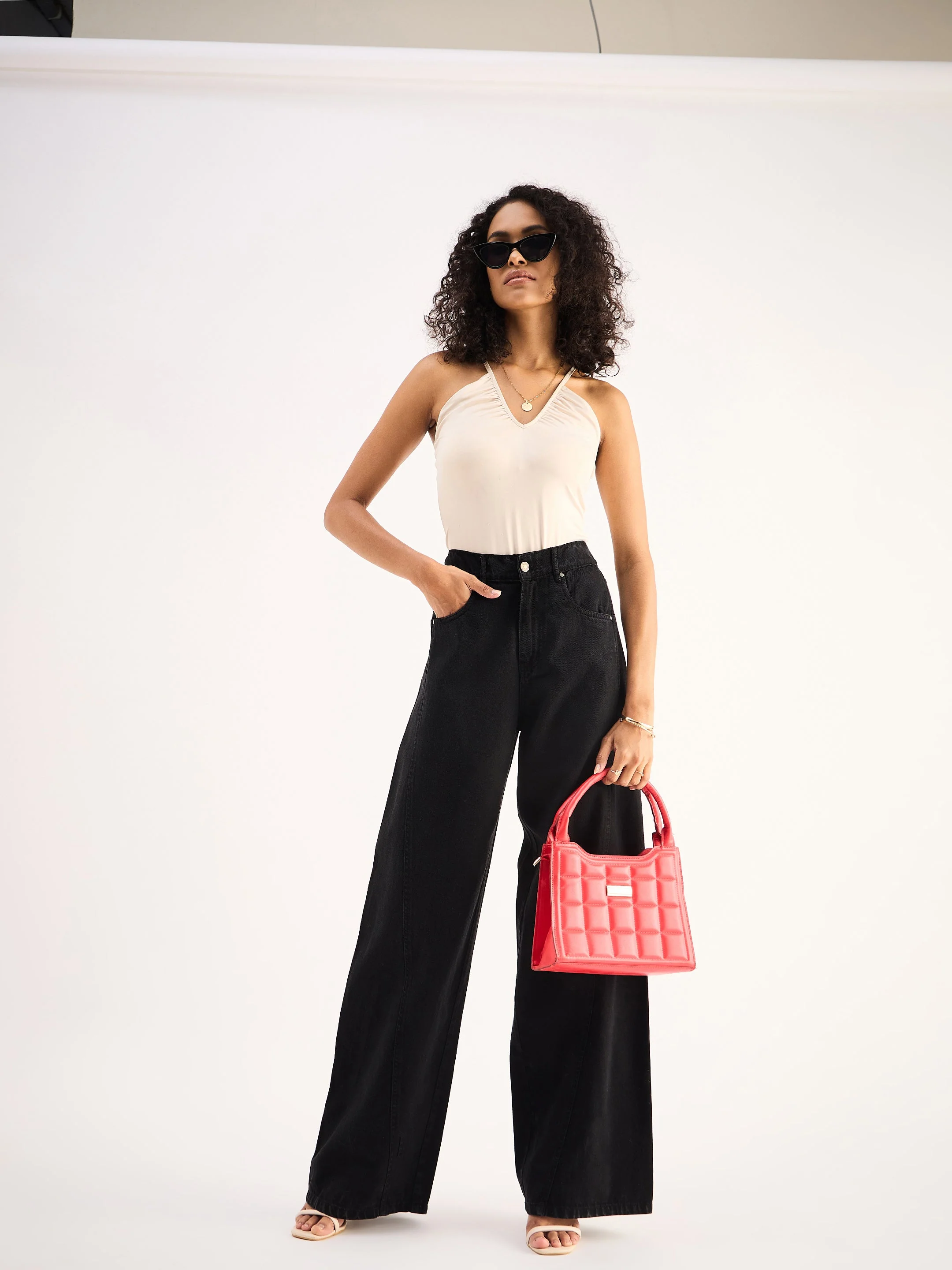 Women Black Seam Detail Wide Leg Jeans - Image 2