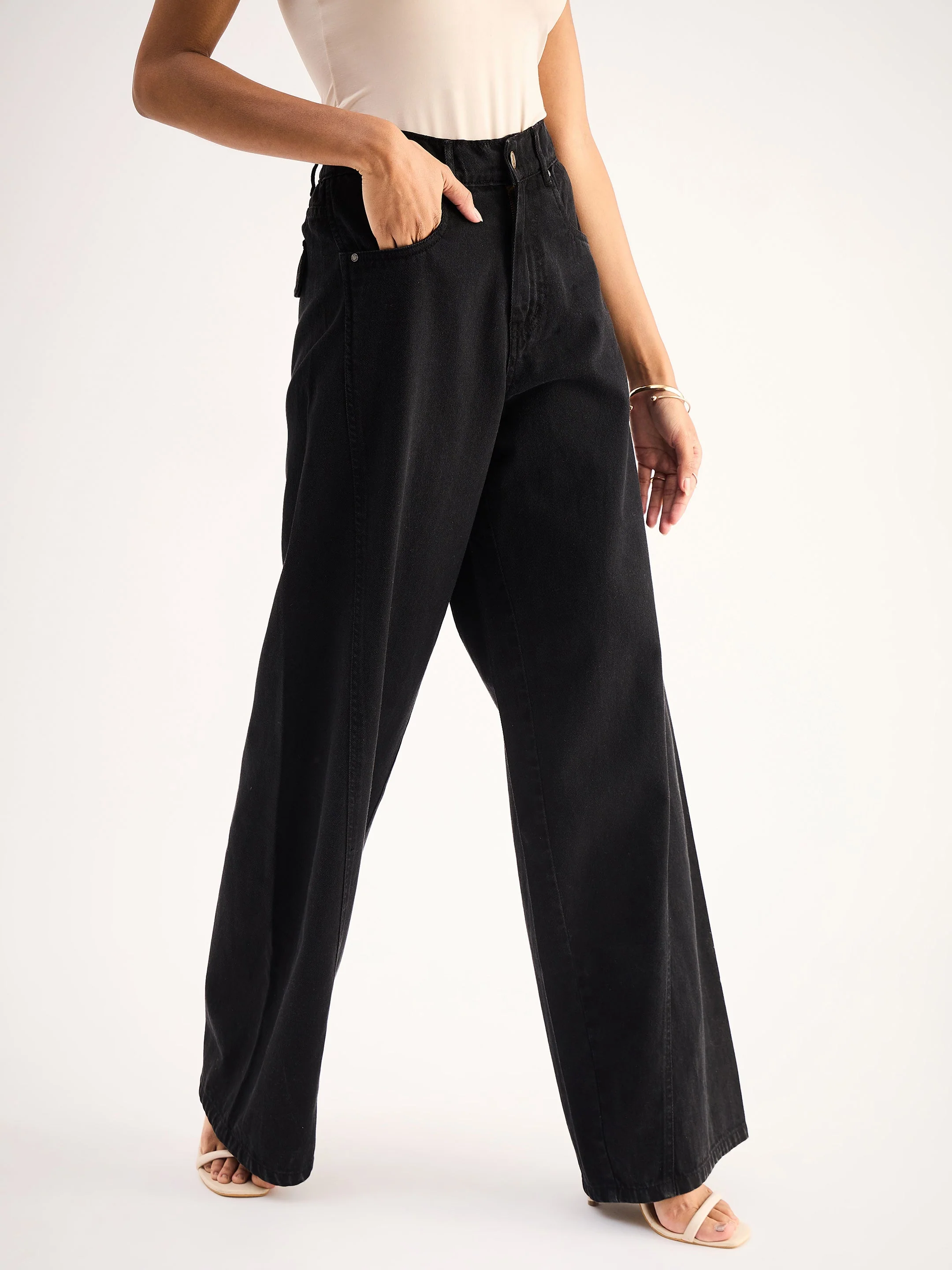 Women Black Seam Detail Wide Leg Jeans - Image 3