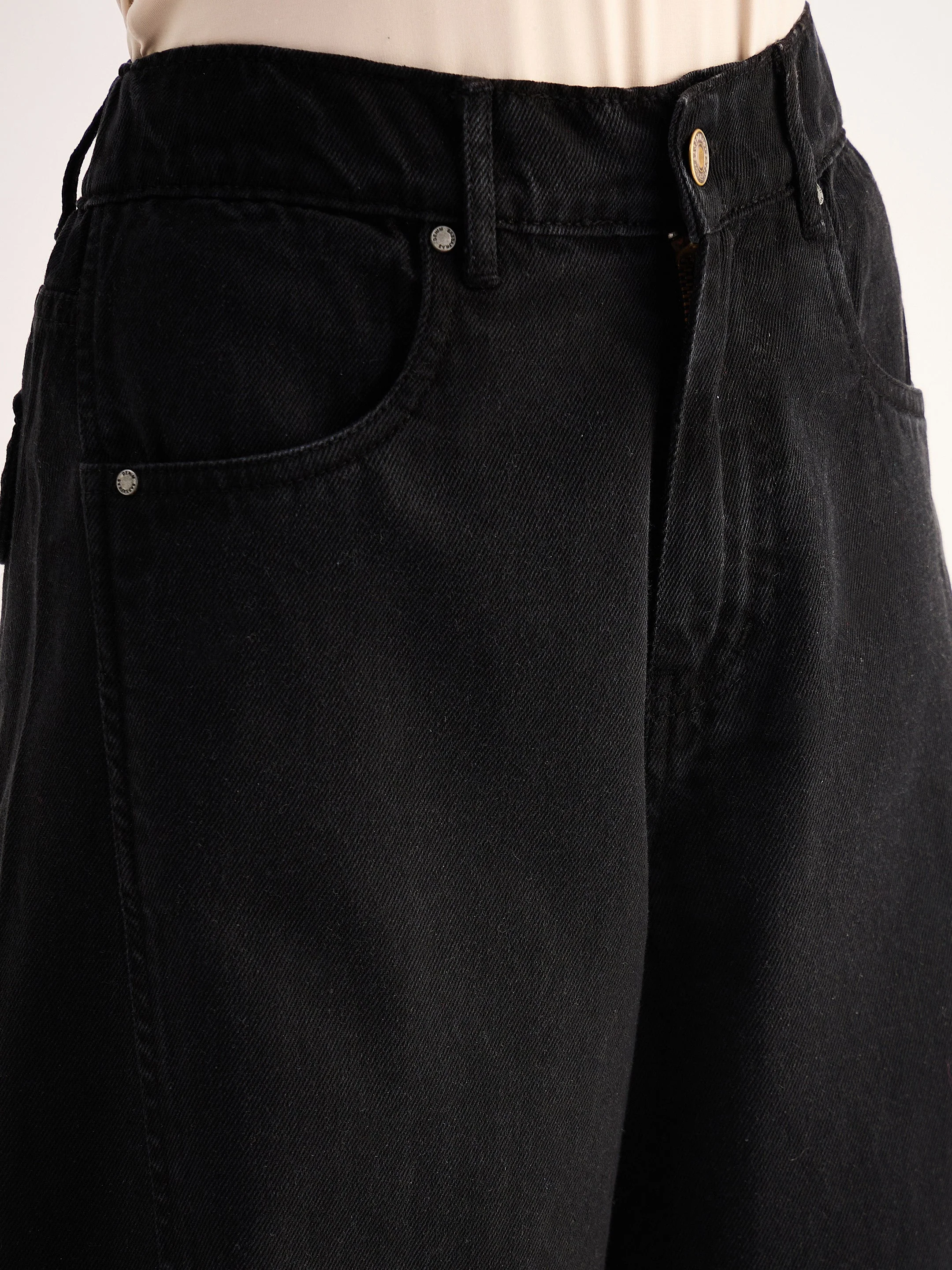 Women Black Seam Detail Wide Leg Jeans - Image 4