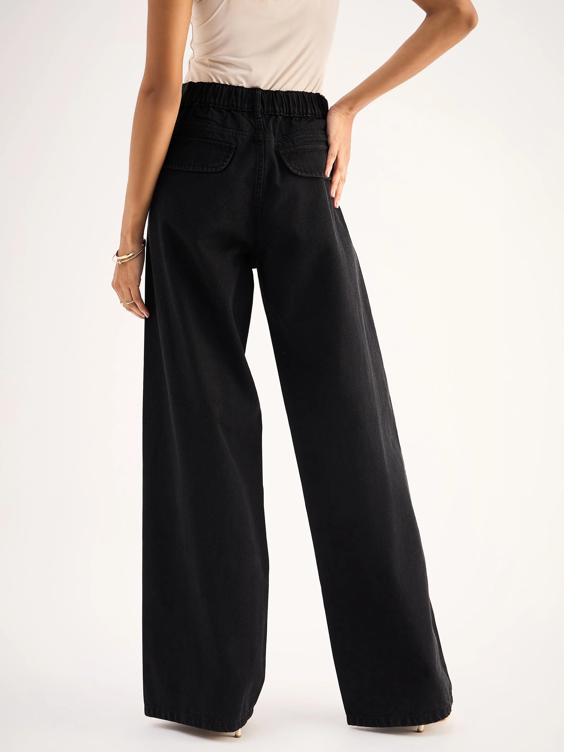 Women Black Seam Detail Wide Leg Jeans - Image 5