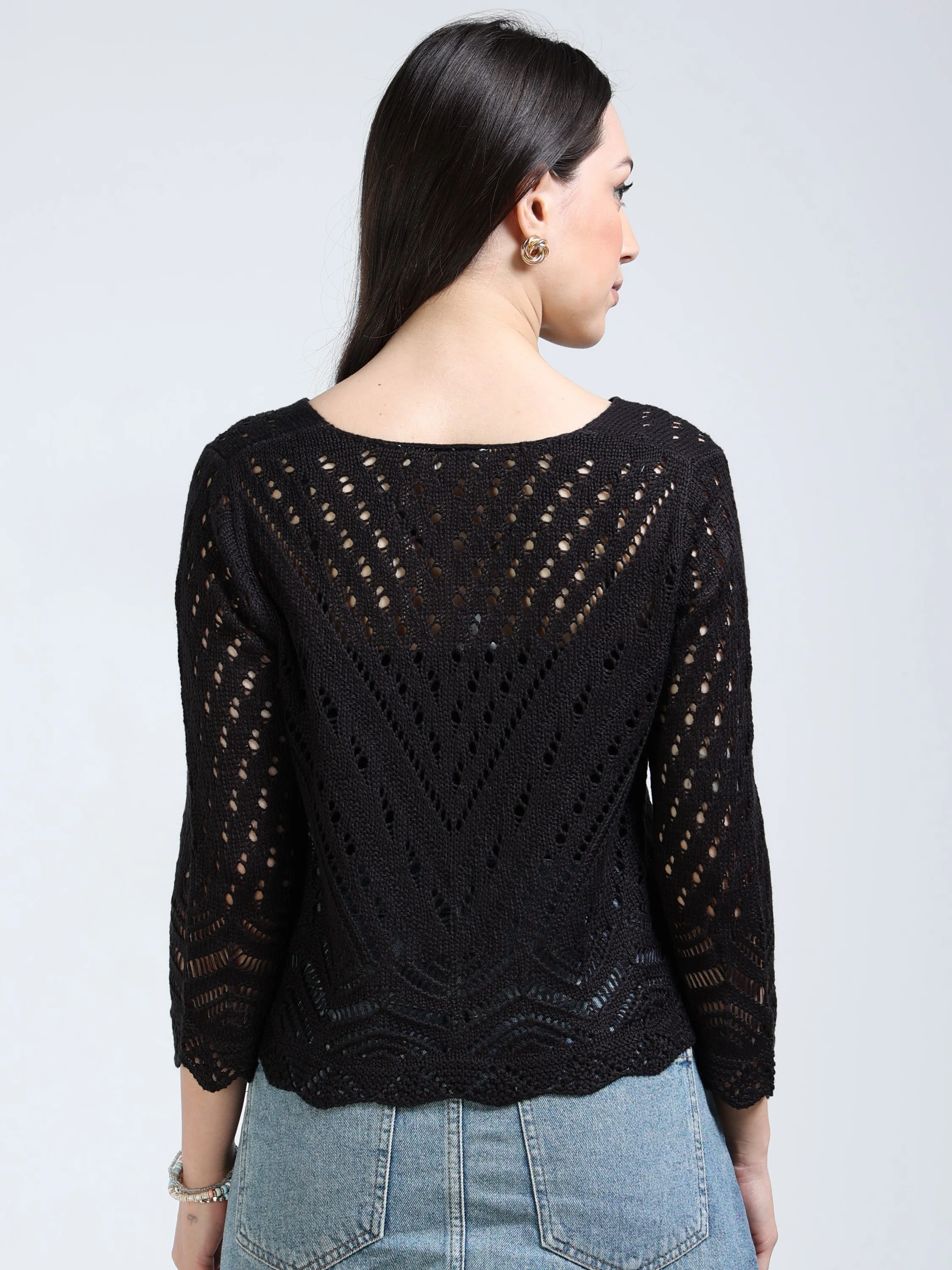 Women Black Crochet Knitted Top - Image 3