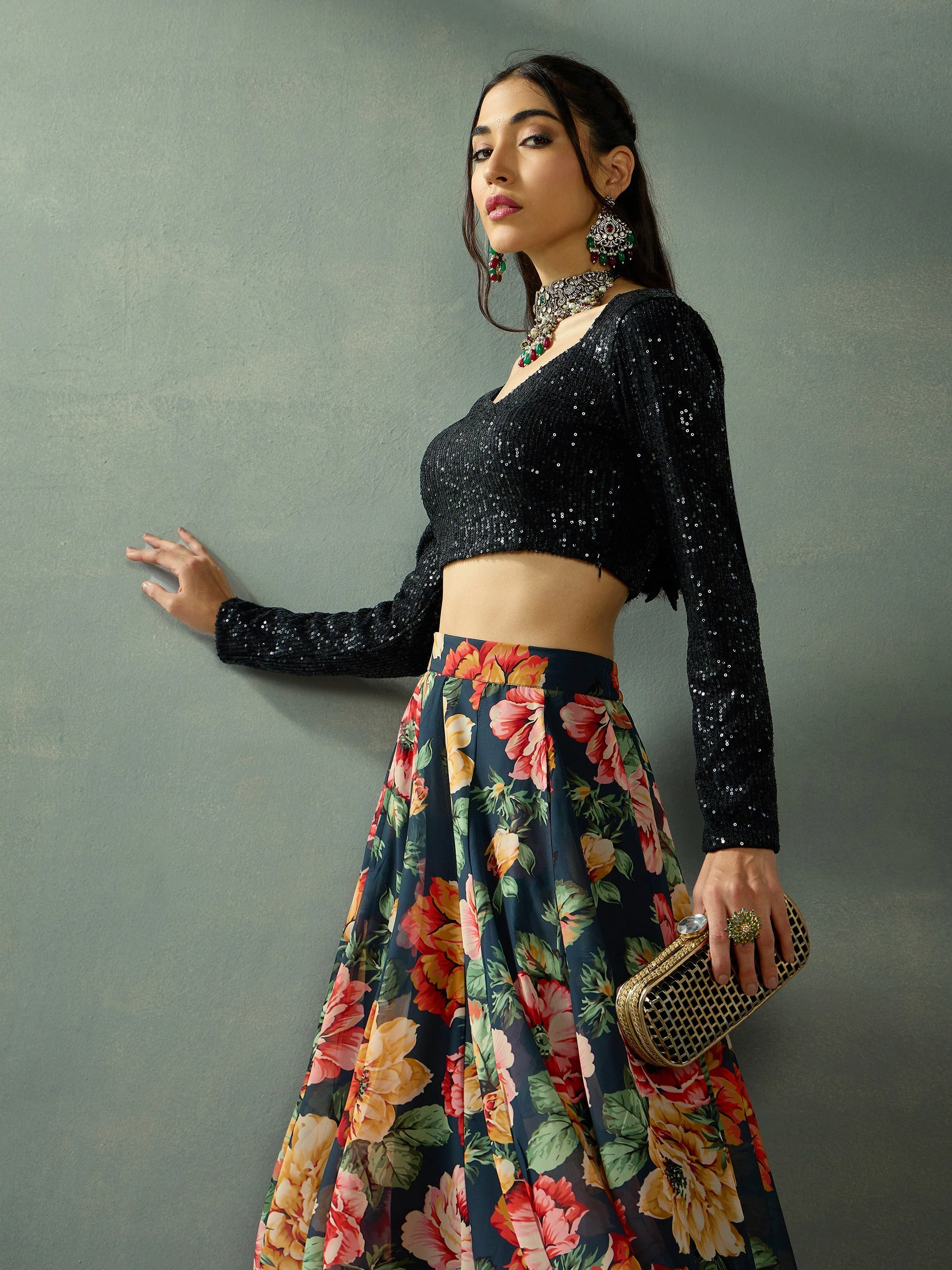 Women Black Sequins Blouse With Anarkali Skirt - Image 4