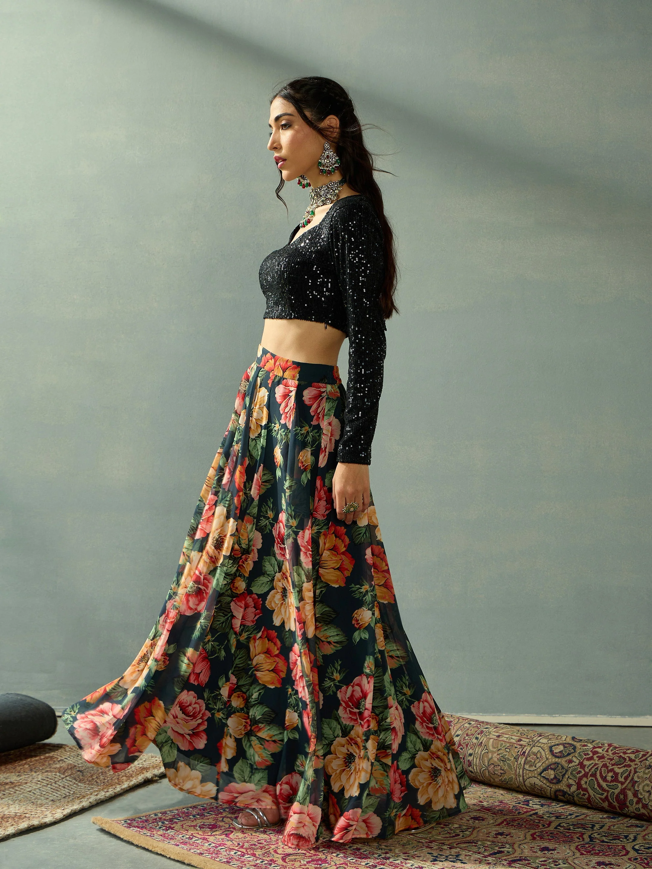 Women Black Sequins Blouse With Anarkali Skirt - Image 5