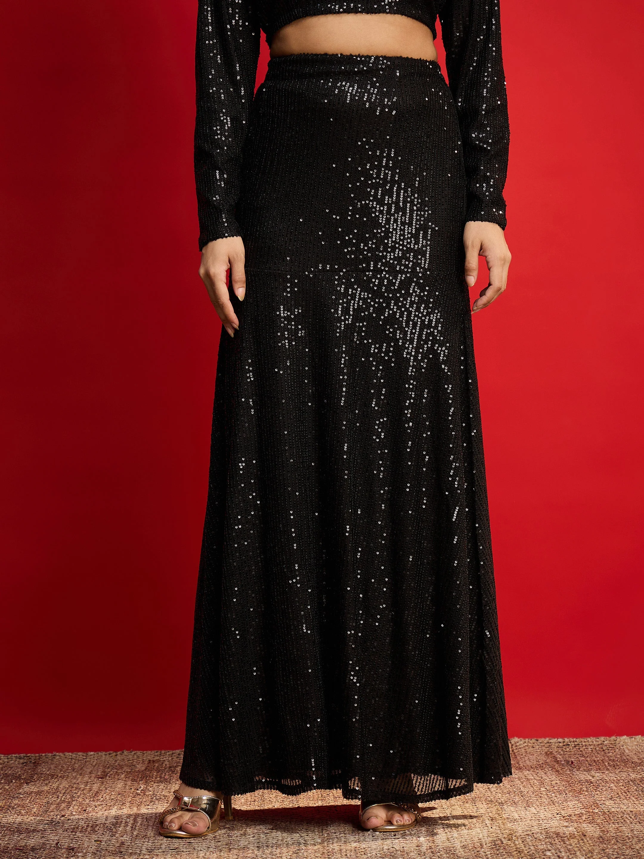 Women Black Sequence Crop Top With Fish Cut Skirt - Image 2