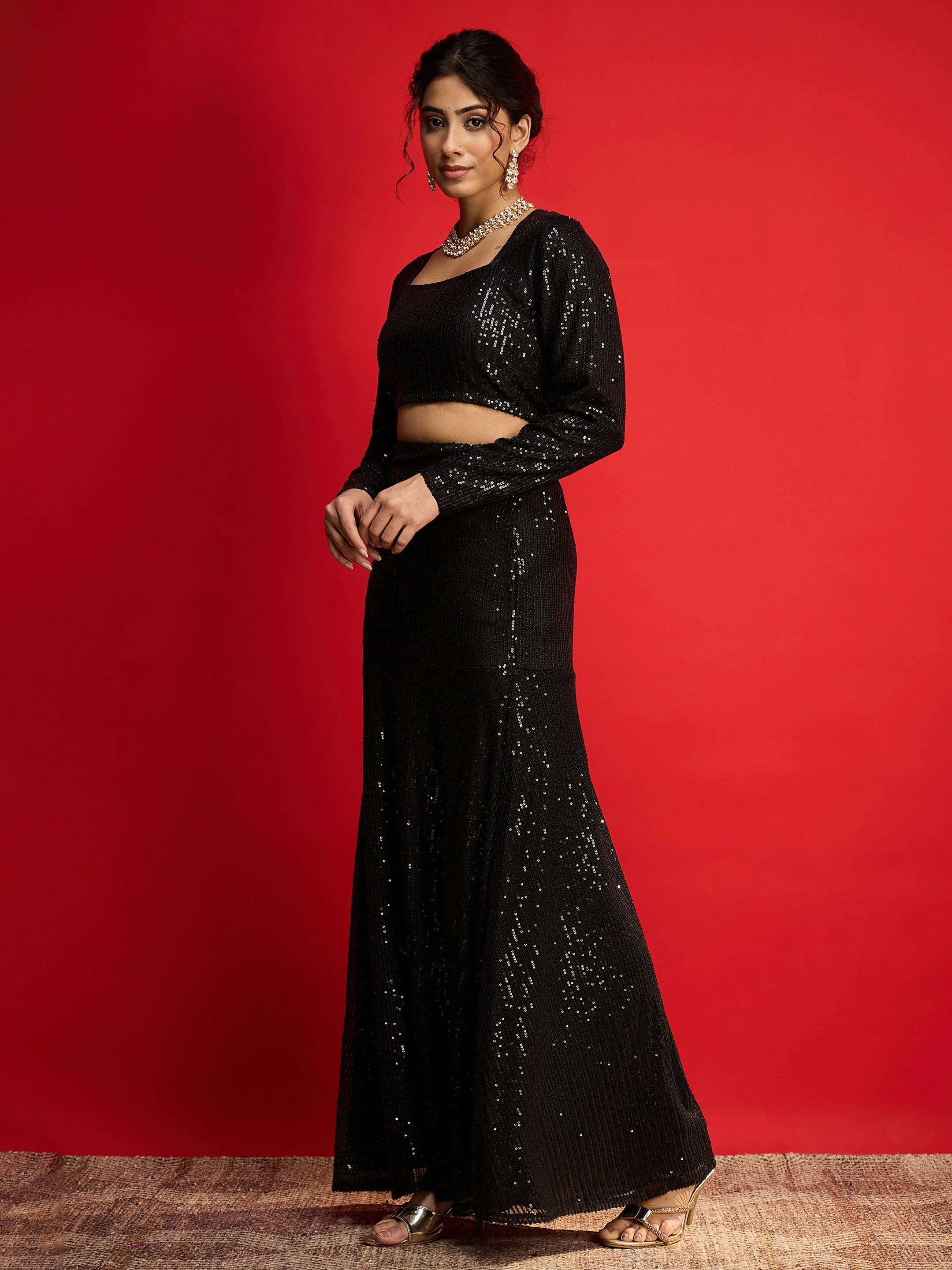 Women Black Sequence Crop Top With Fish Cut Skirt - Image 3