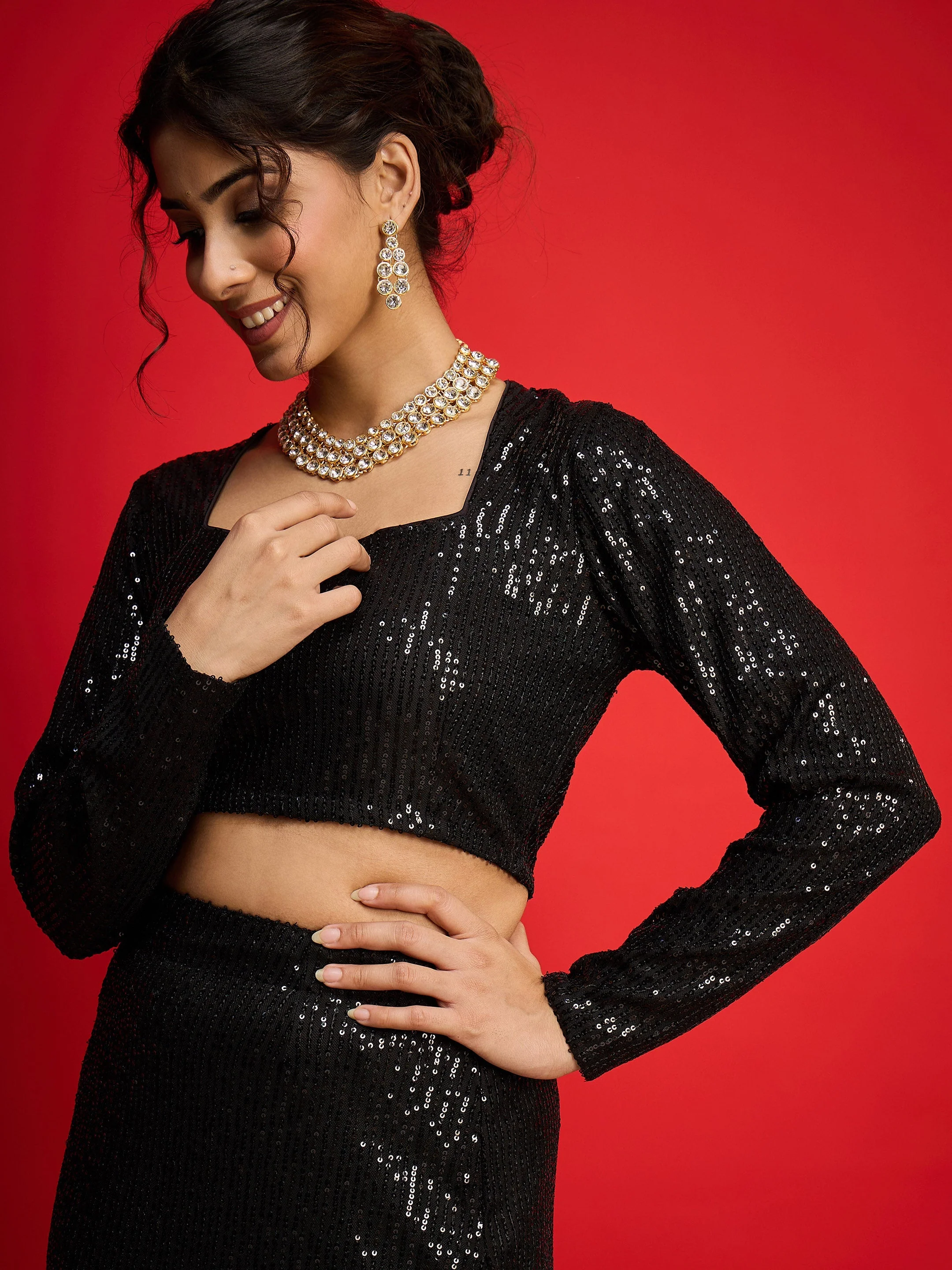 Women Black Sequence Crop Top With Fish Cut Skirt - Image 4