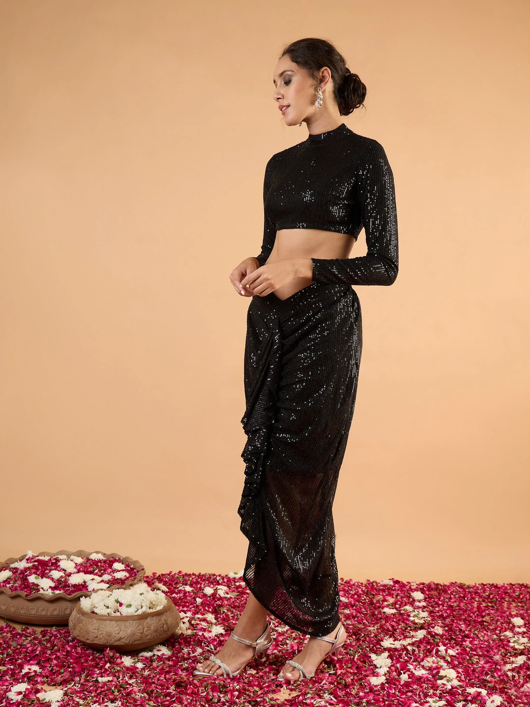 Women Black sequence Crop Top With Front Frill Skirt - Image 3