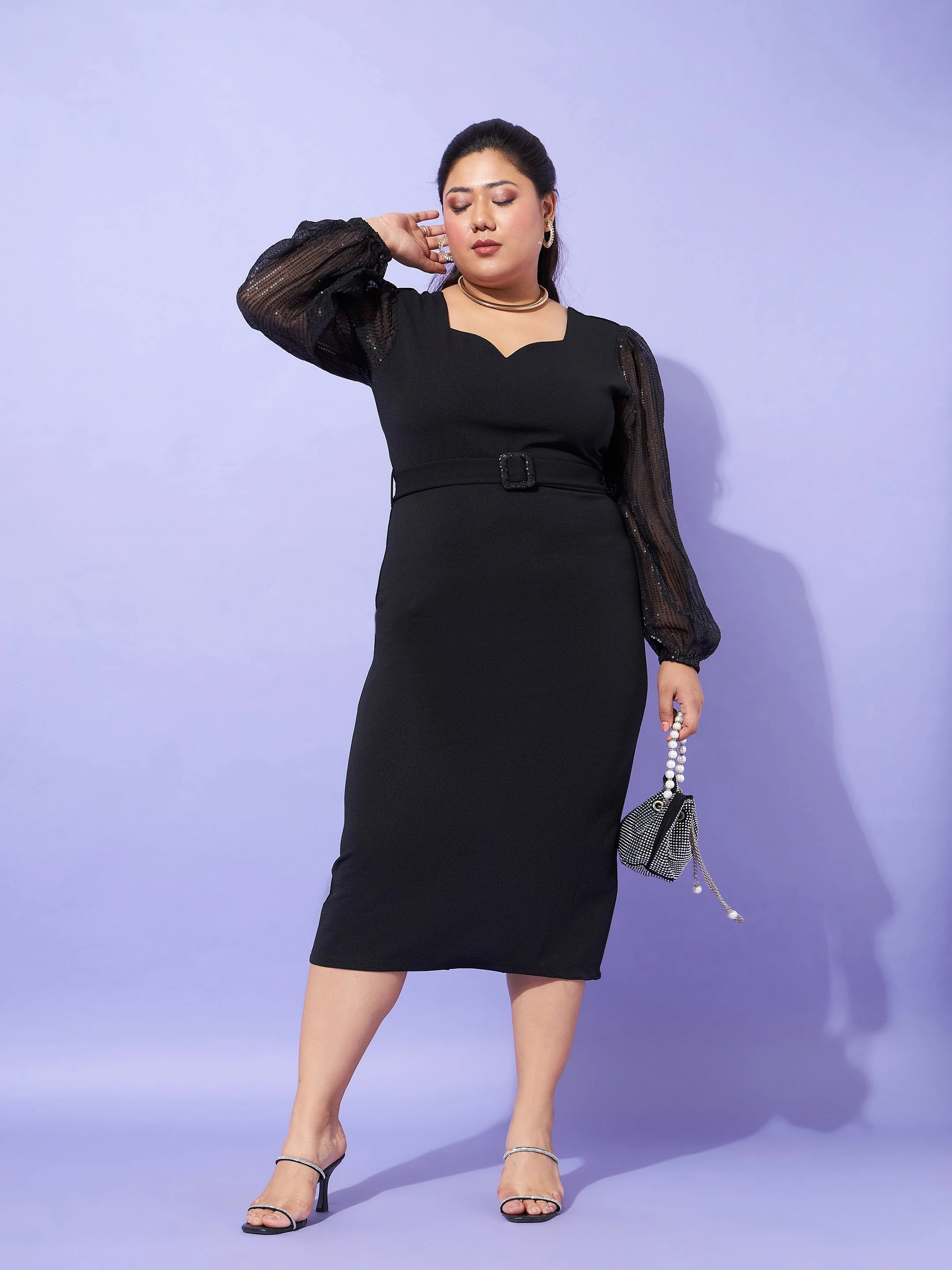 Women Black Sequence Sleeve Detail Bodycon Dress - Image 2