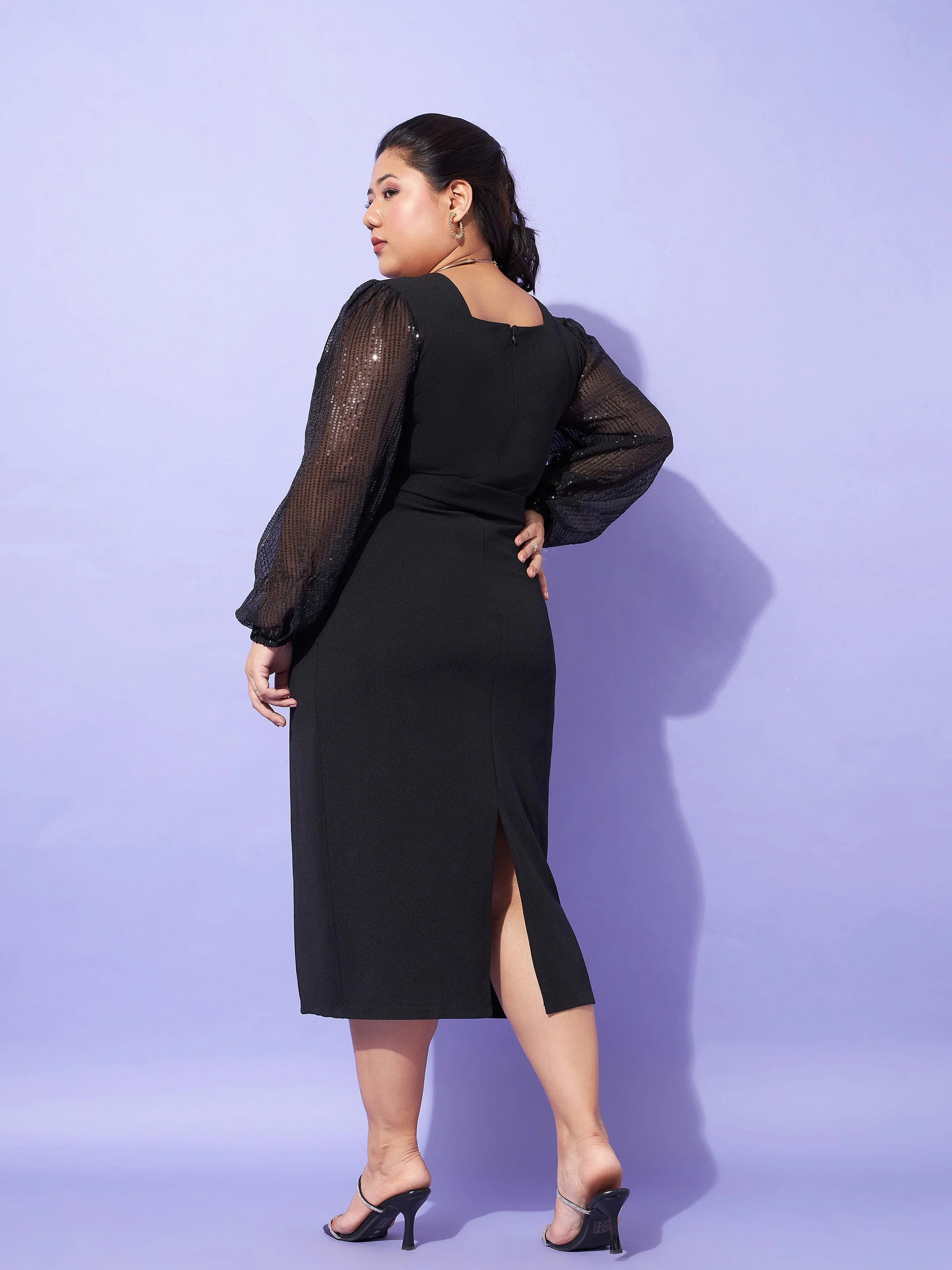 Women Black Sequence Sleeve Detail Bodycon Dress - Image 5