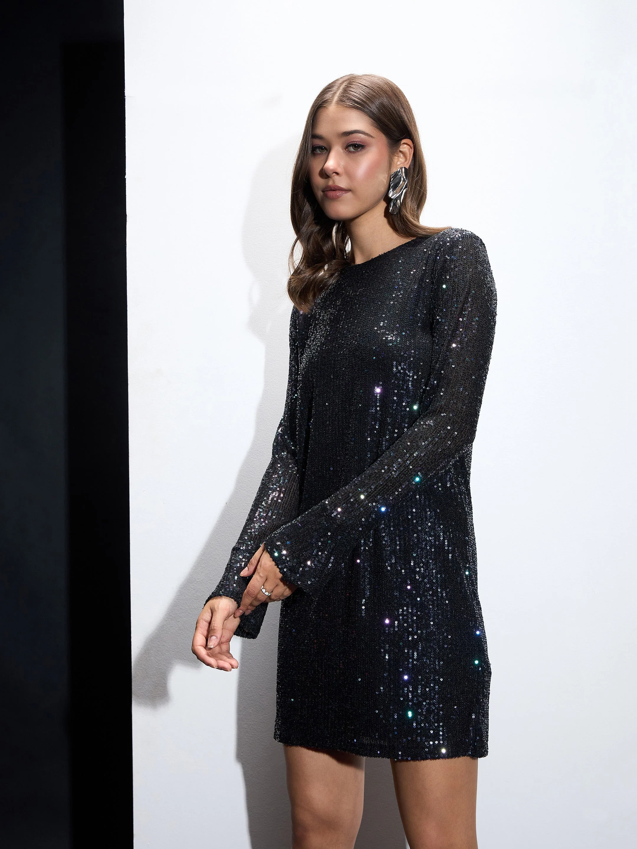 Women Black Sequin Back Cut-Out Short Dress - Image 3