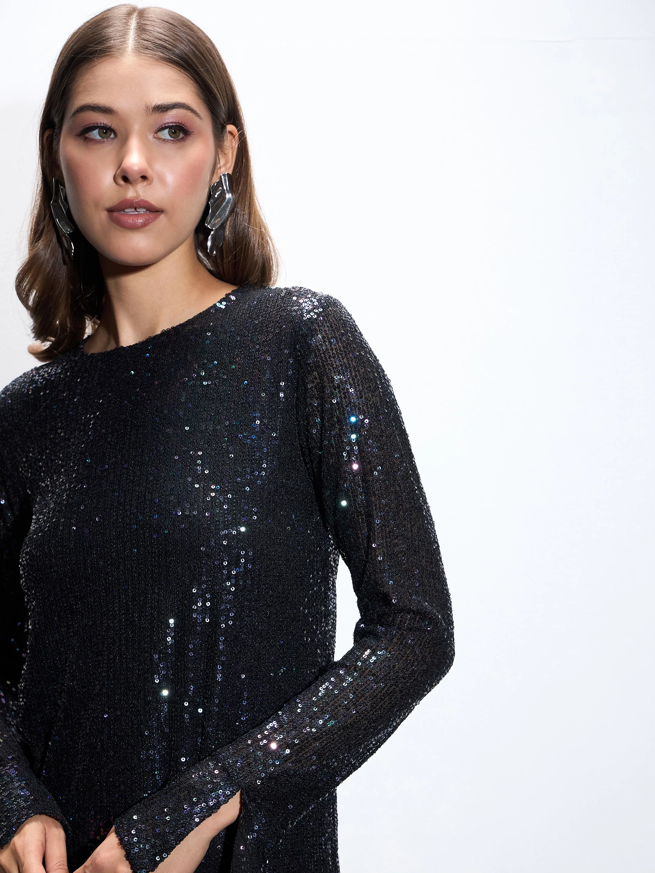 Women Black Sequin Back Cut-Out Short Dress - Image 4