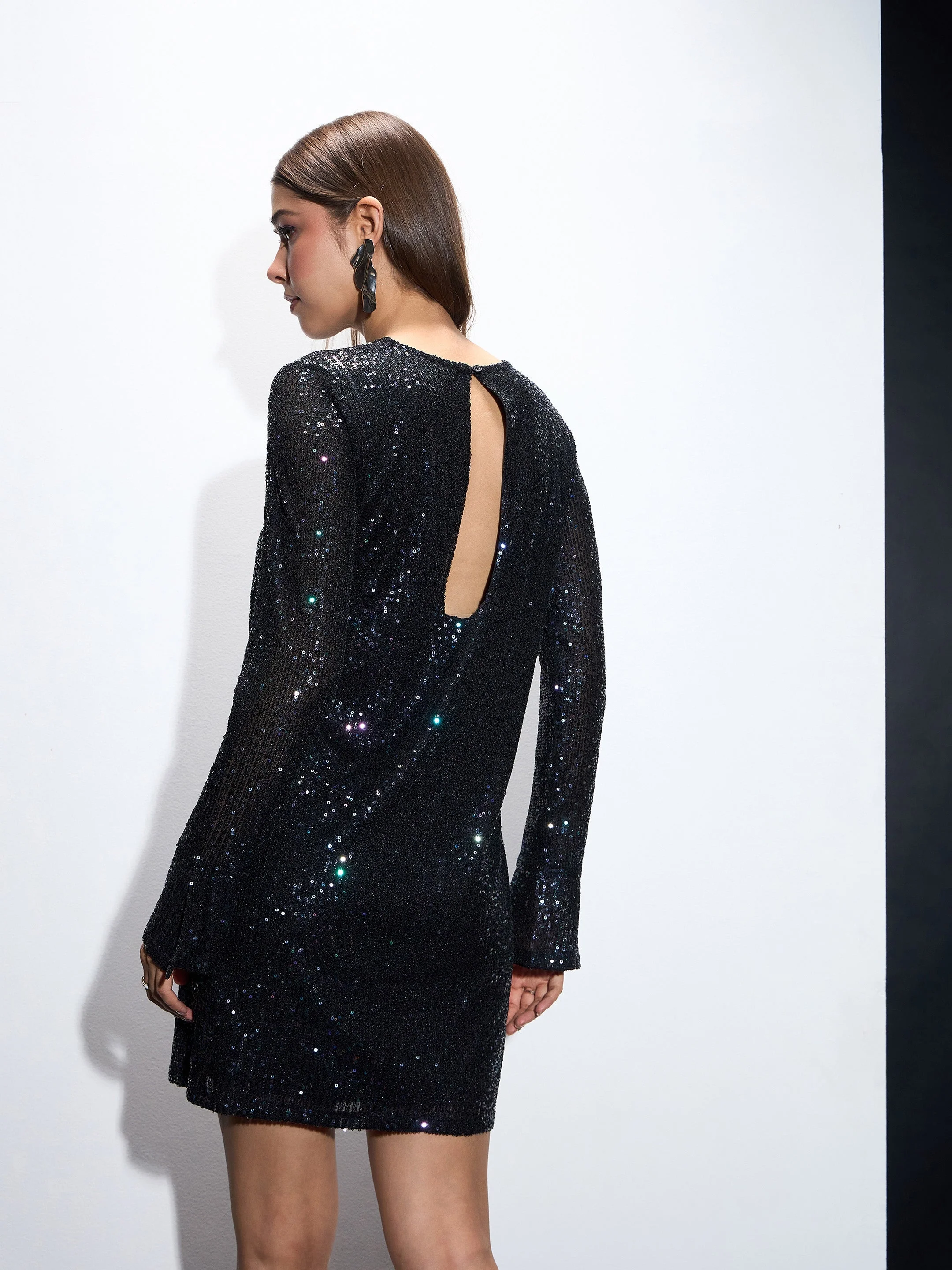 Women Black Sequin Back Cut-Out Short Dress - Image 5