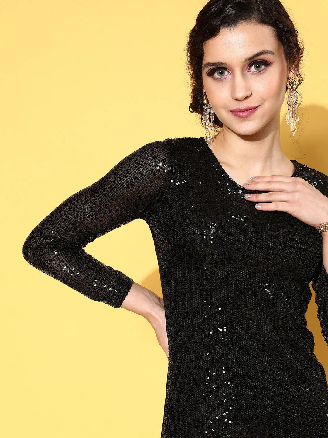 Women Black Sequin Bodycon Midi Dress - Image 2
