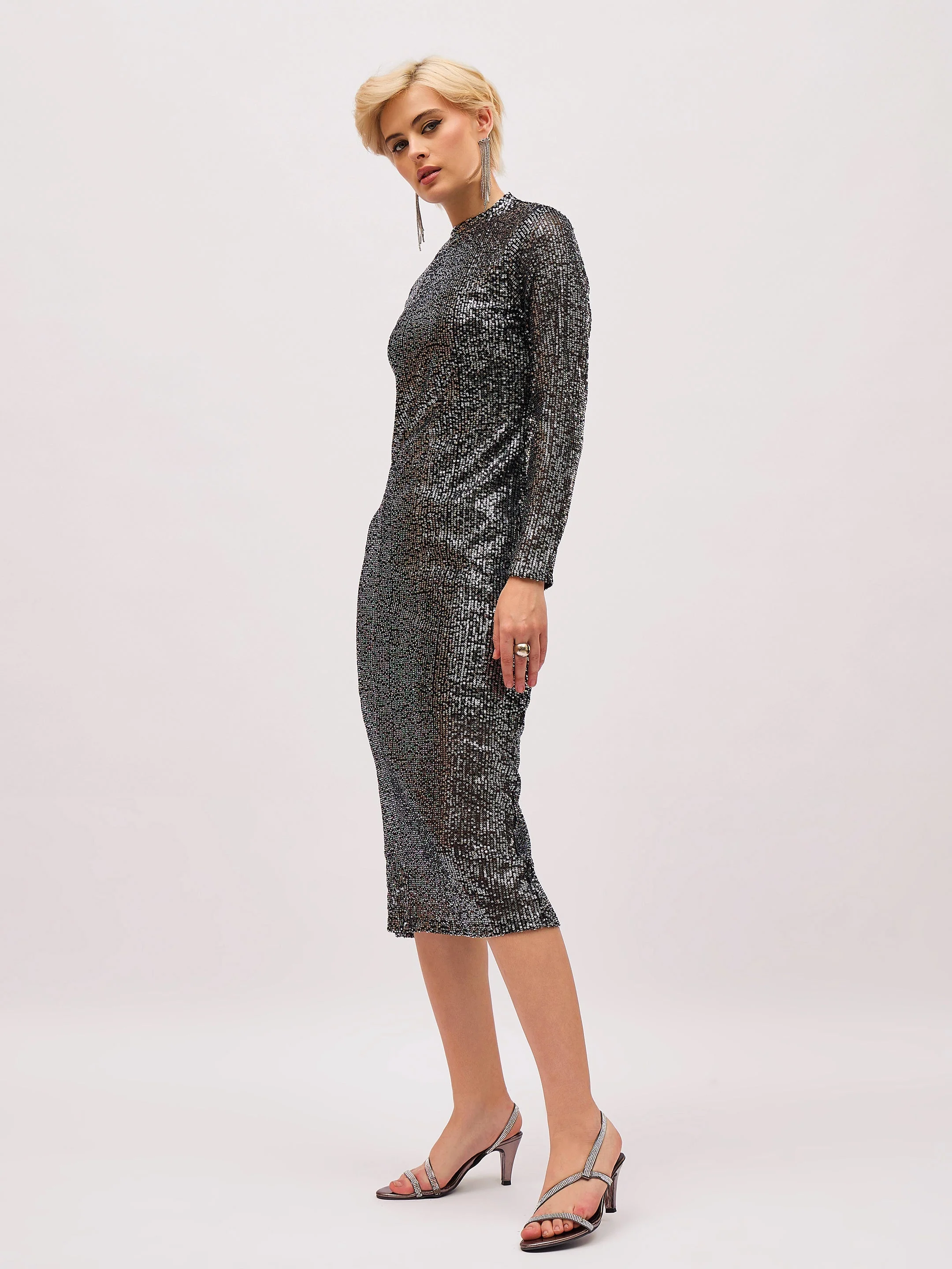 Women Black Sequin High Neck Back Slit Midi Dress - Image 3
