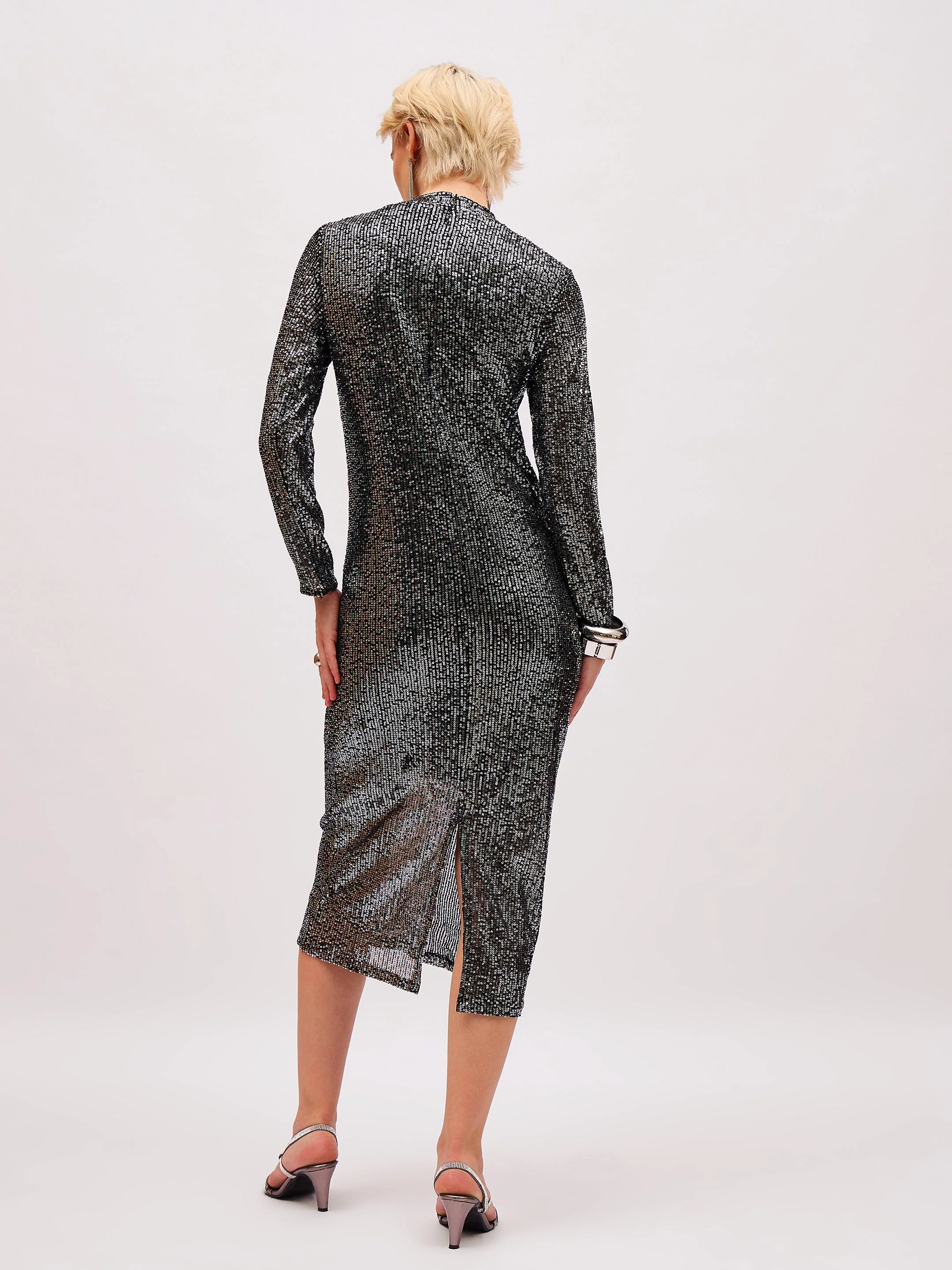 Women Black Sequin High Neck Back Slit Midi Dress - Image 5