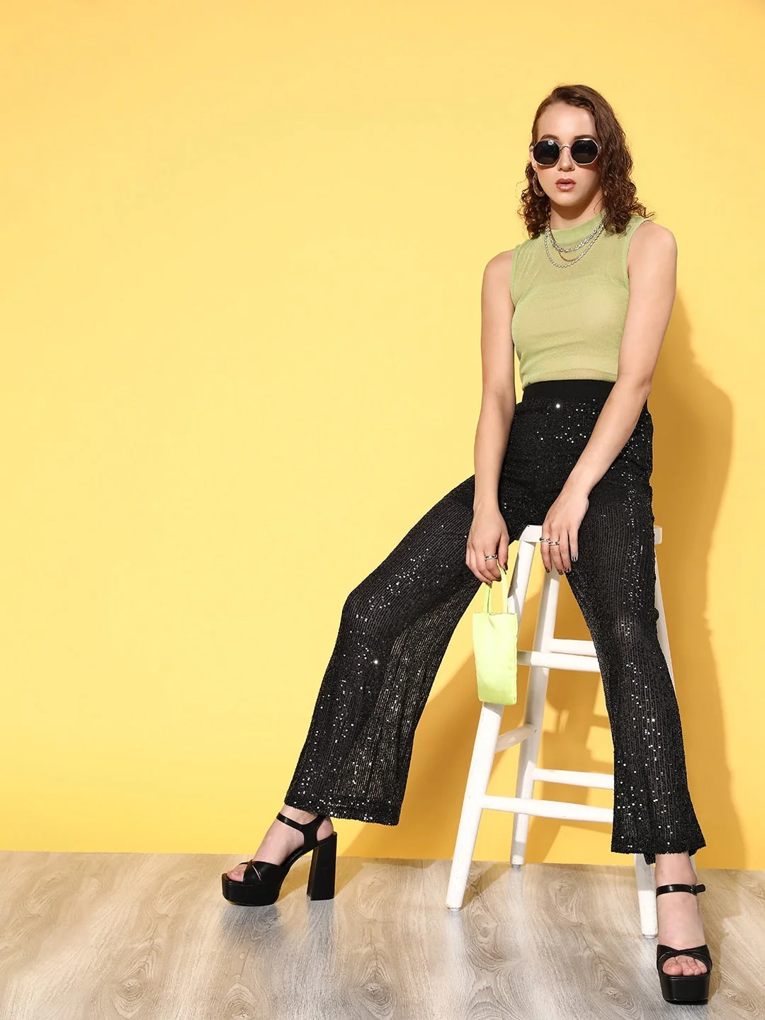 Women Black Sequin Party Straight Pants - Image 6