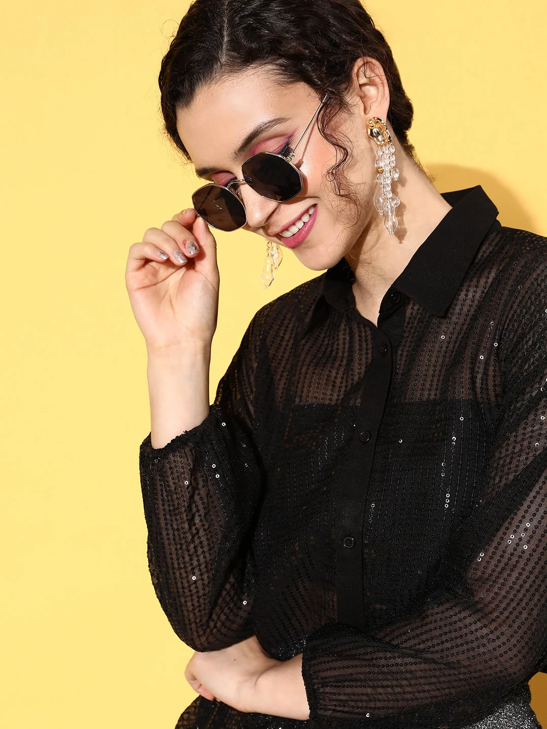 Women Black Sequin Shirt - Image 3