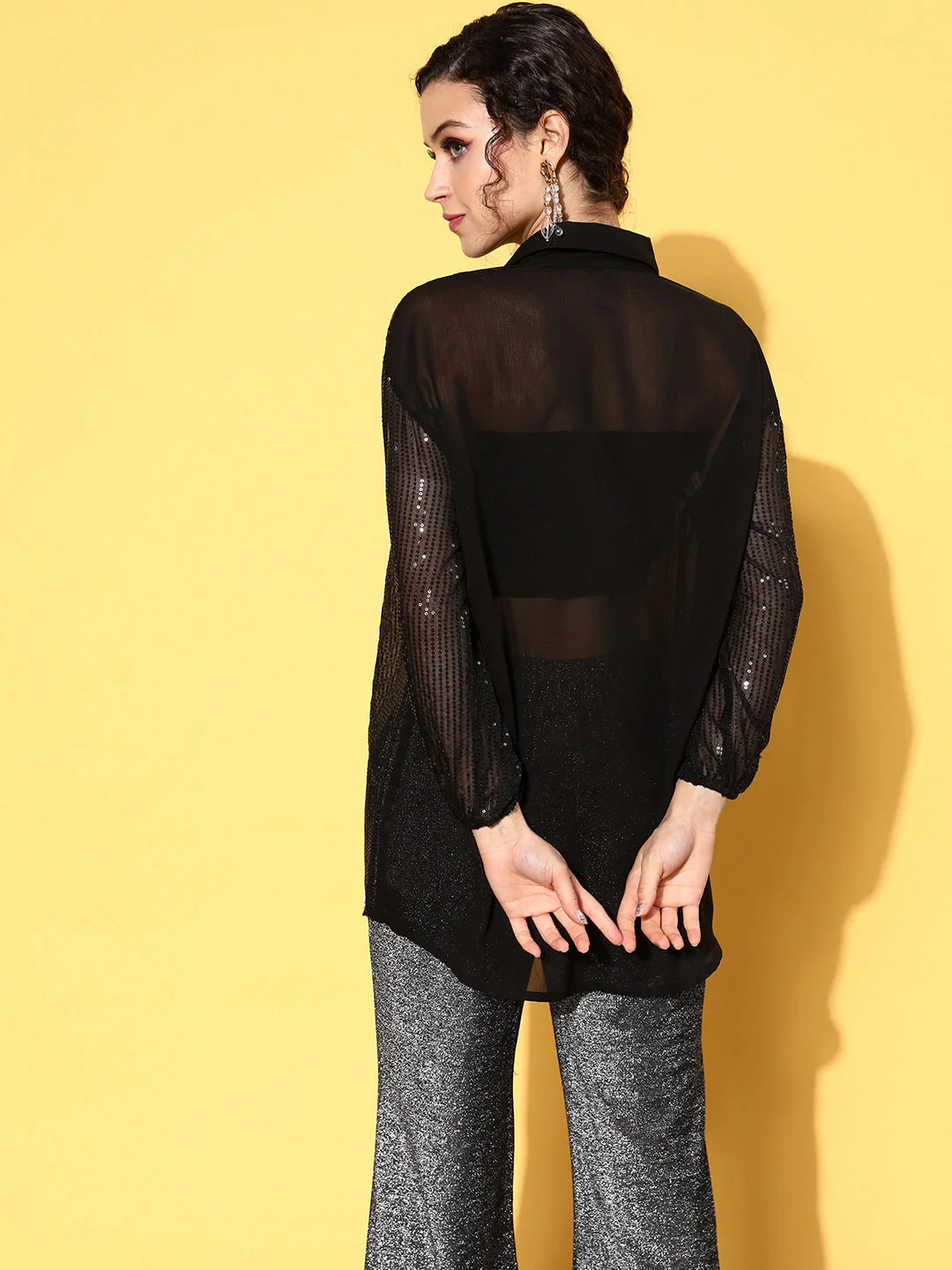 Women Black Sequin Shirt - Image 4