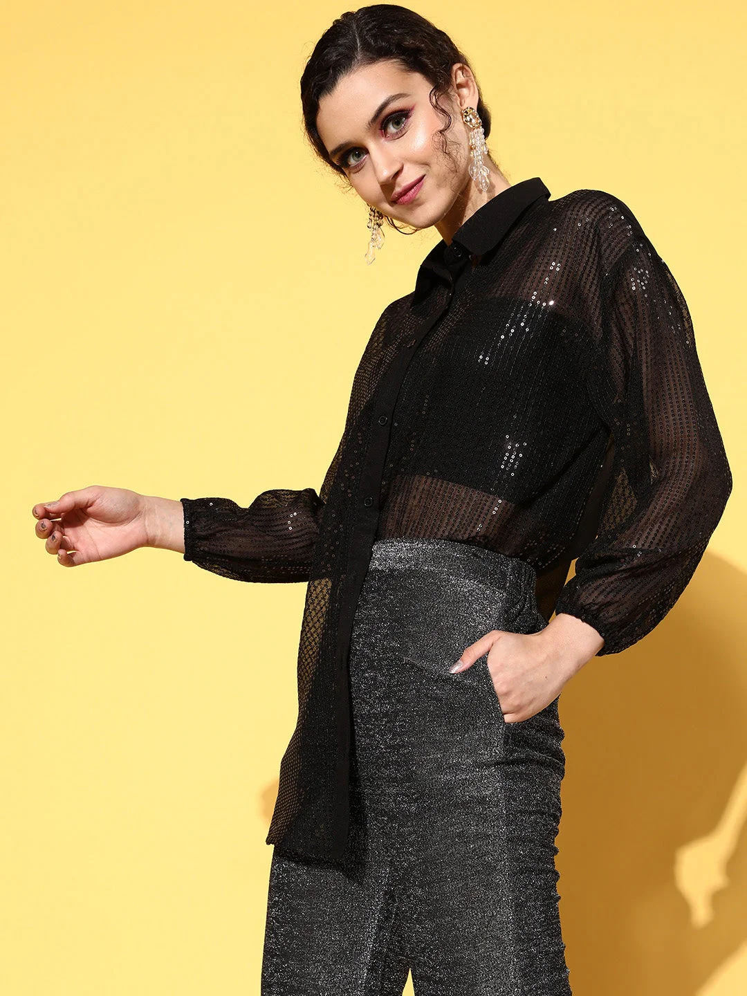 Women Black Sequin Shirt - Image 5