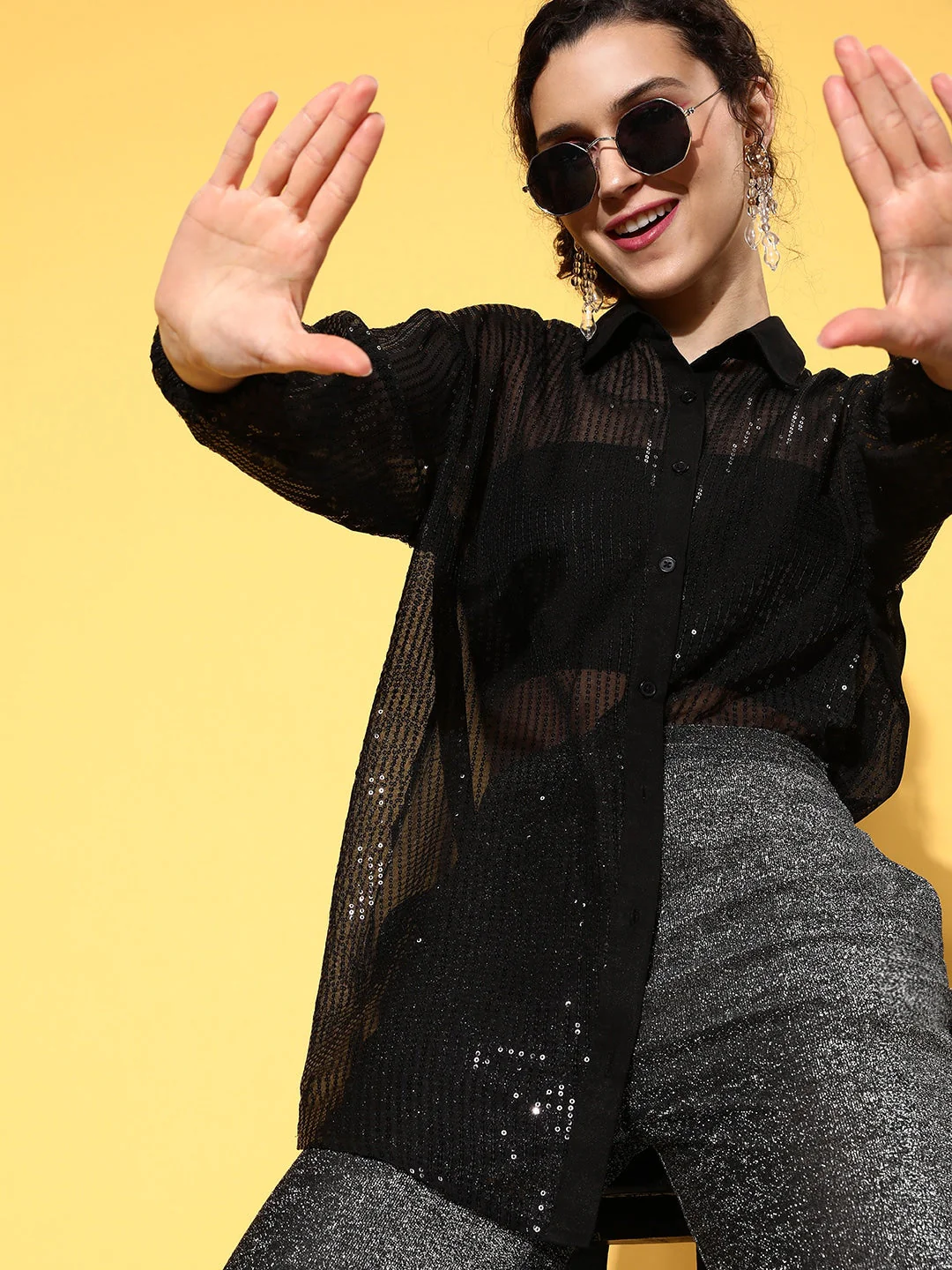 Women Black Sequin Shirt - Image 6