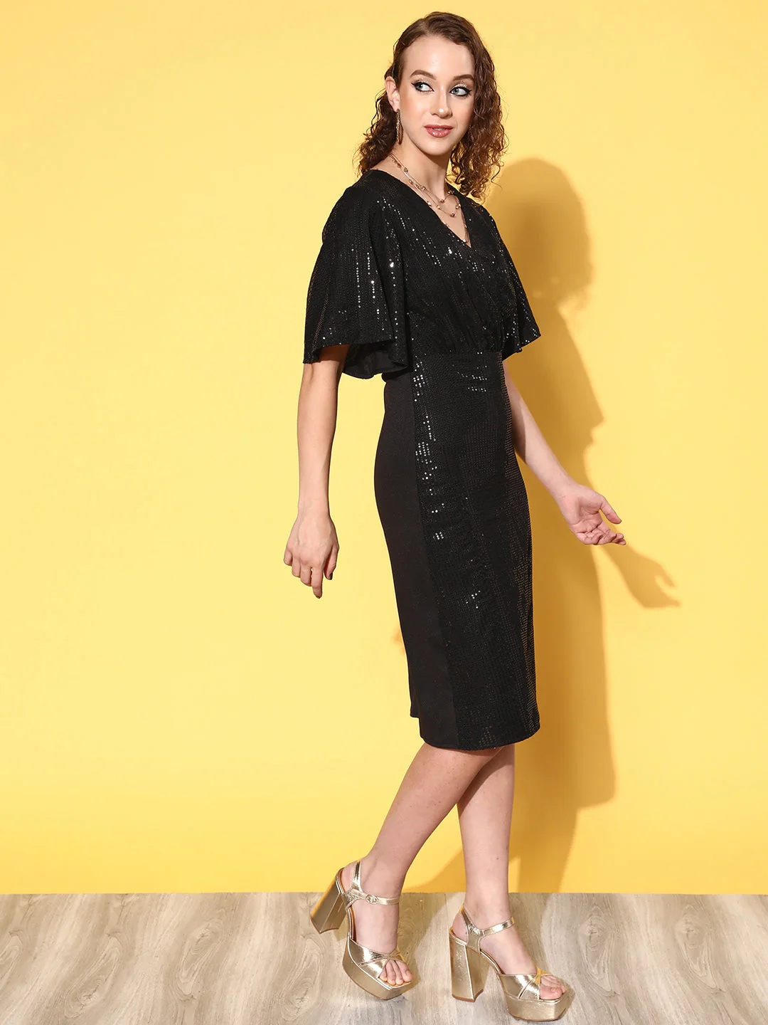 Women Black Sequin Wrap Front Midi Dress - Image 3