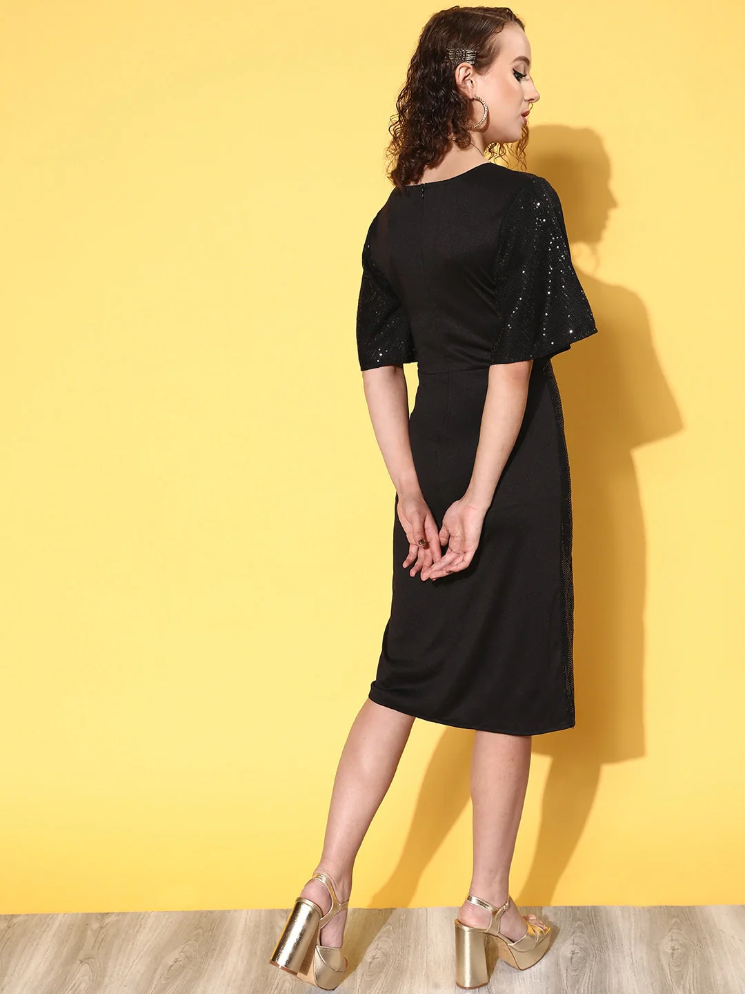 Women Black Sequin Wrap Front Midi Dress - Image 6