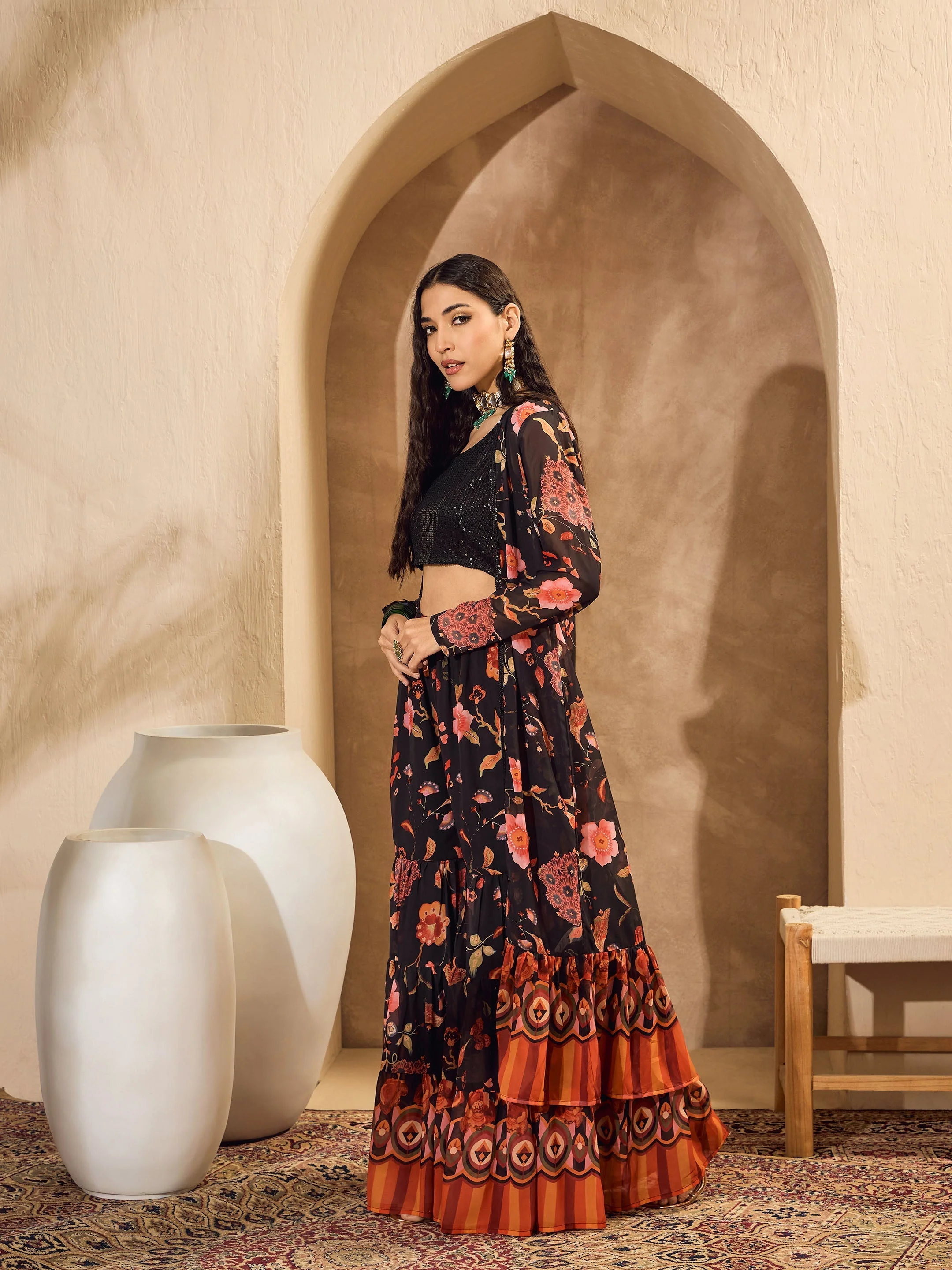 Women Black Sequins Crop Top With Floral Sharara And Shrug - Image 3