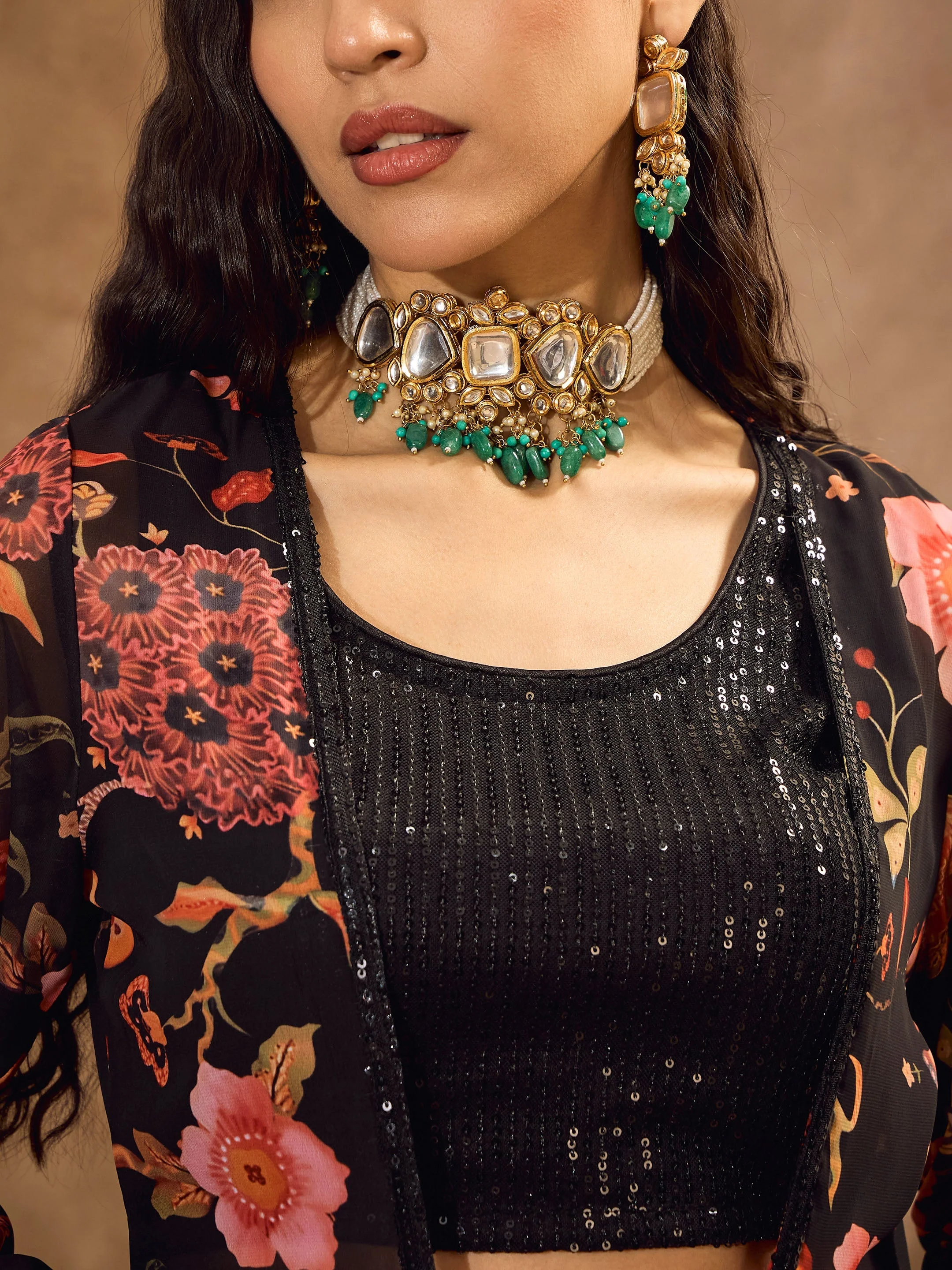 Women Black Sequins Crop Top With Floral Sharara And Shrug - Image 4