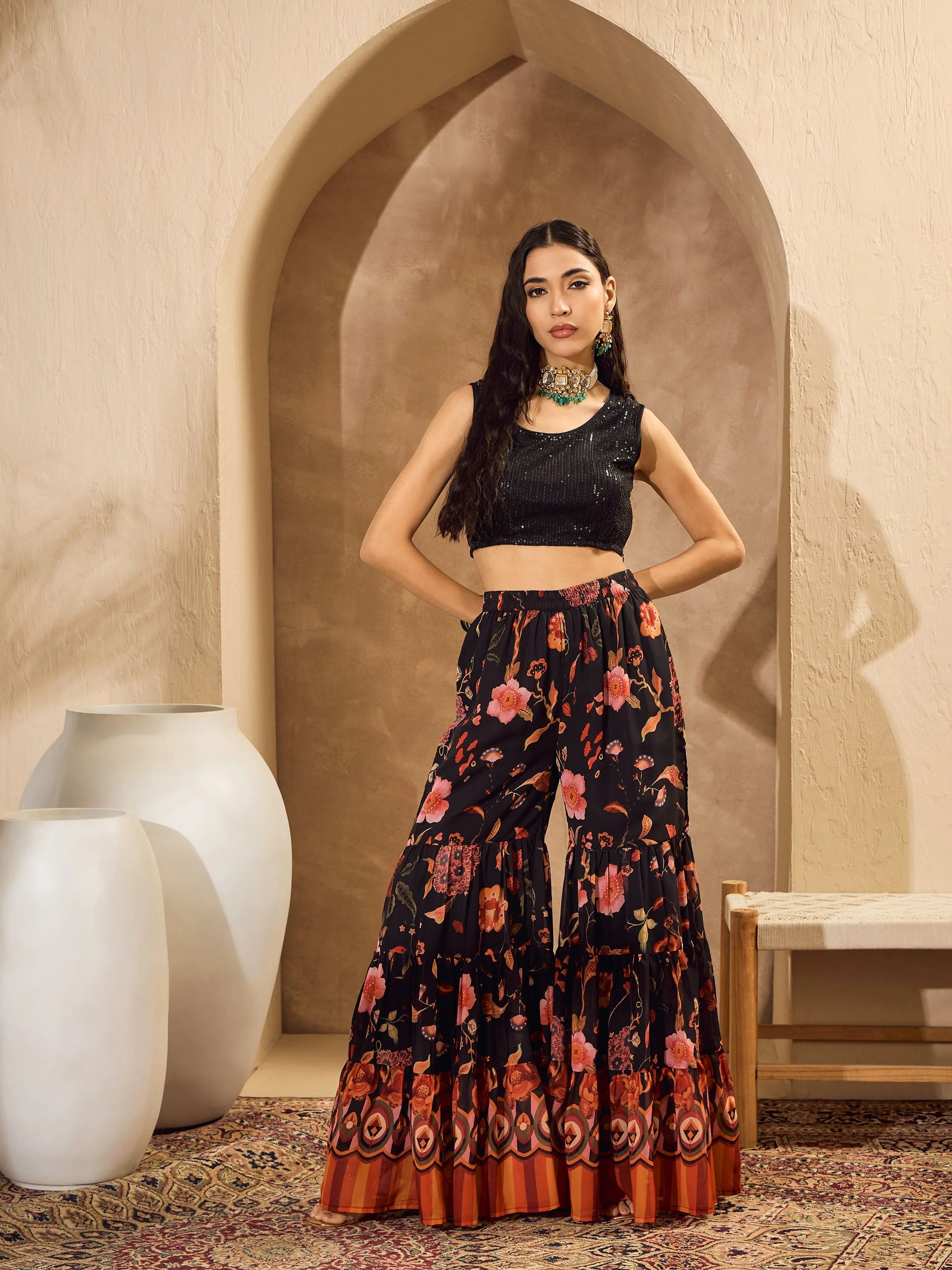 Women Black Sequins Crop Top With Floral Sharara And Shrug - Image 5