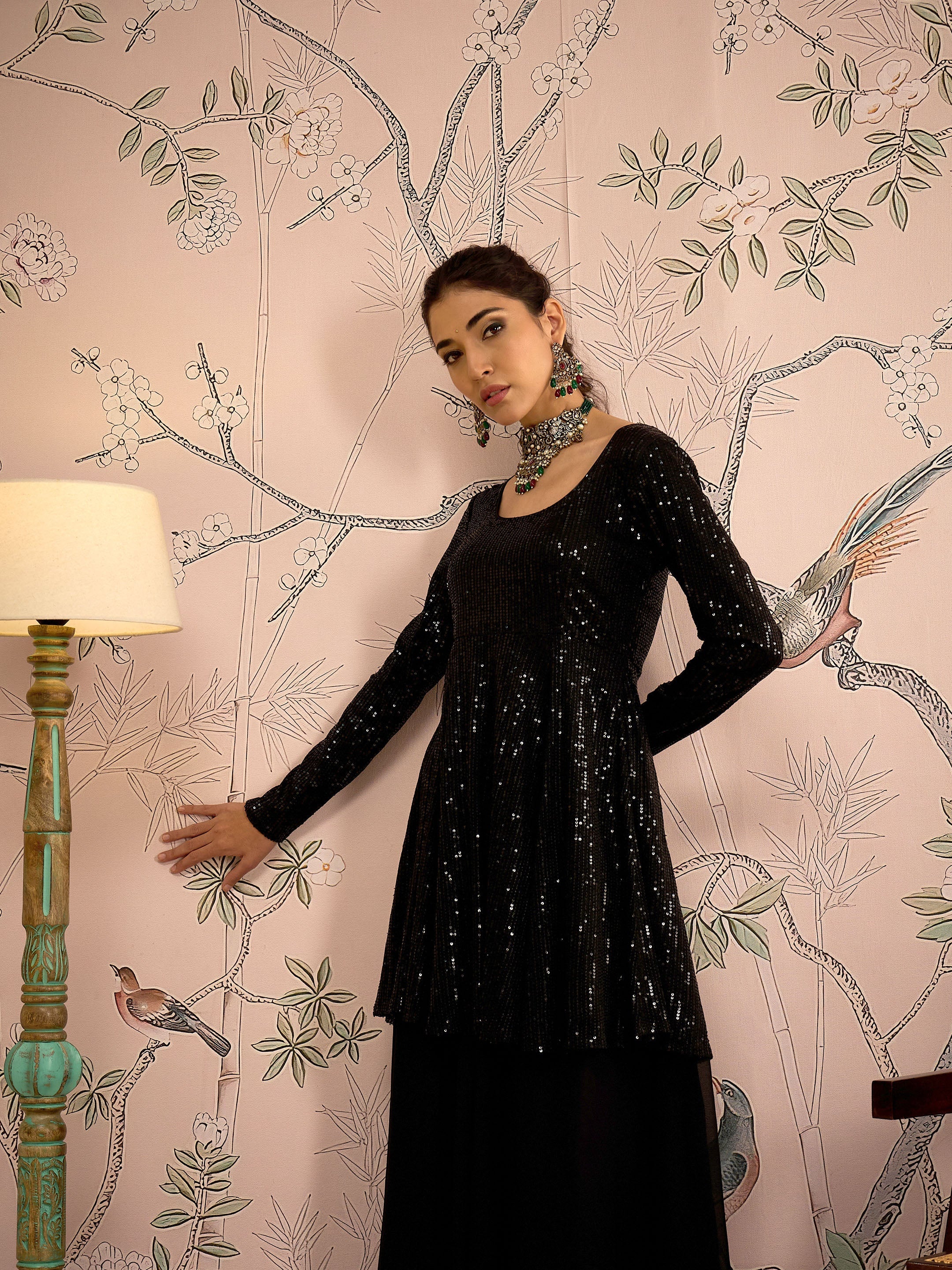 Women Black Sequins Peplum Top With Flared Pants - Image 2
