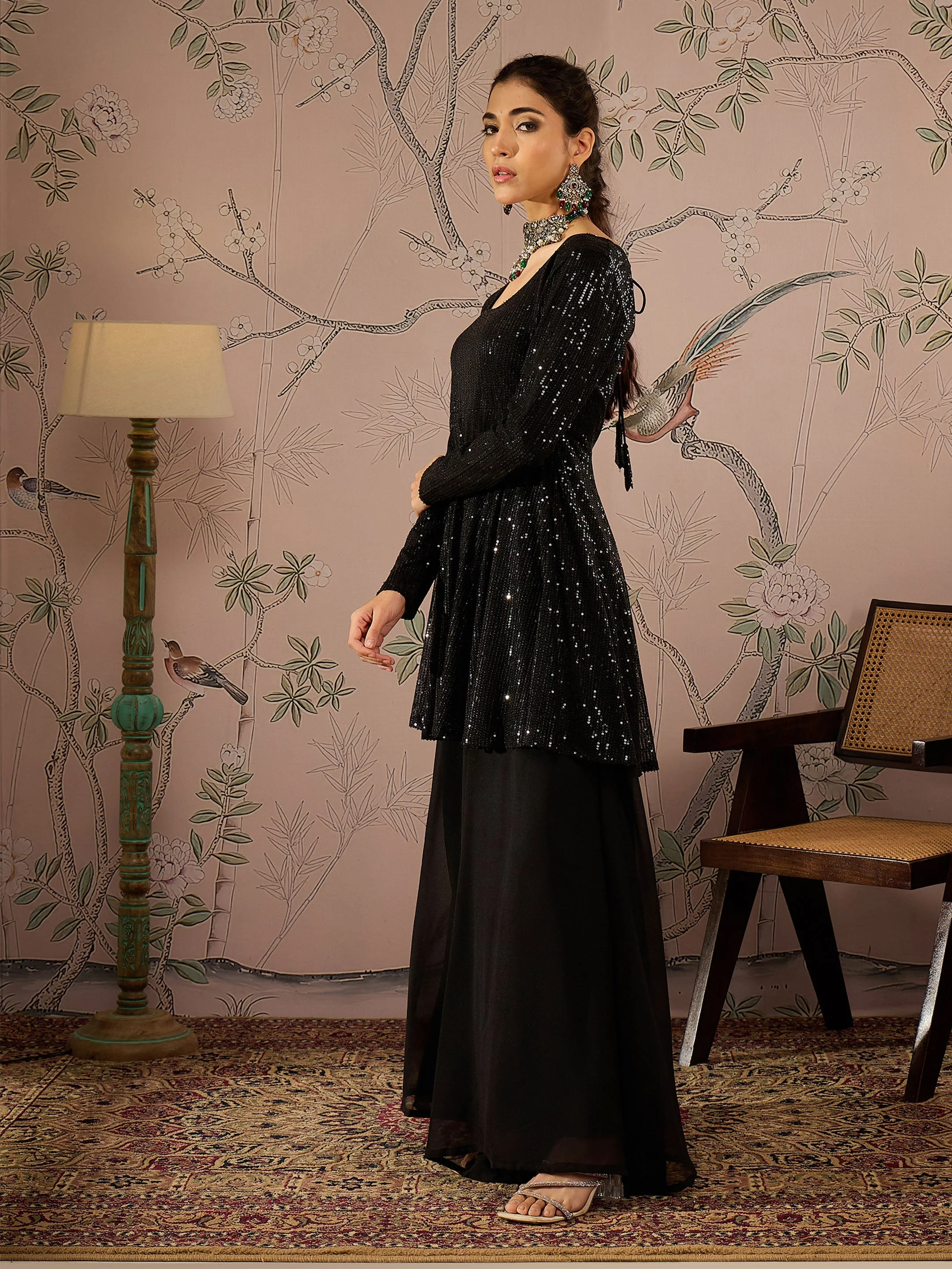 Women Black Sequins Peplum Top With Flared Pants - Image 3