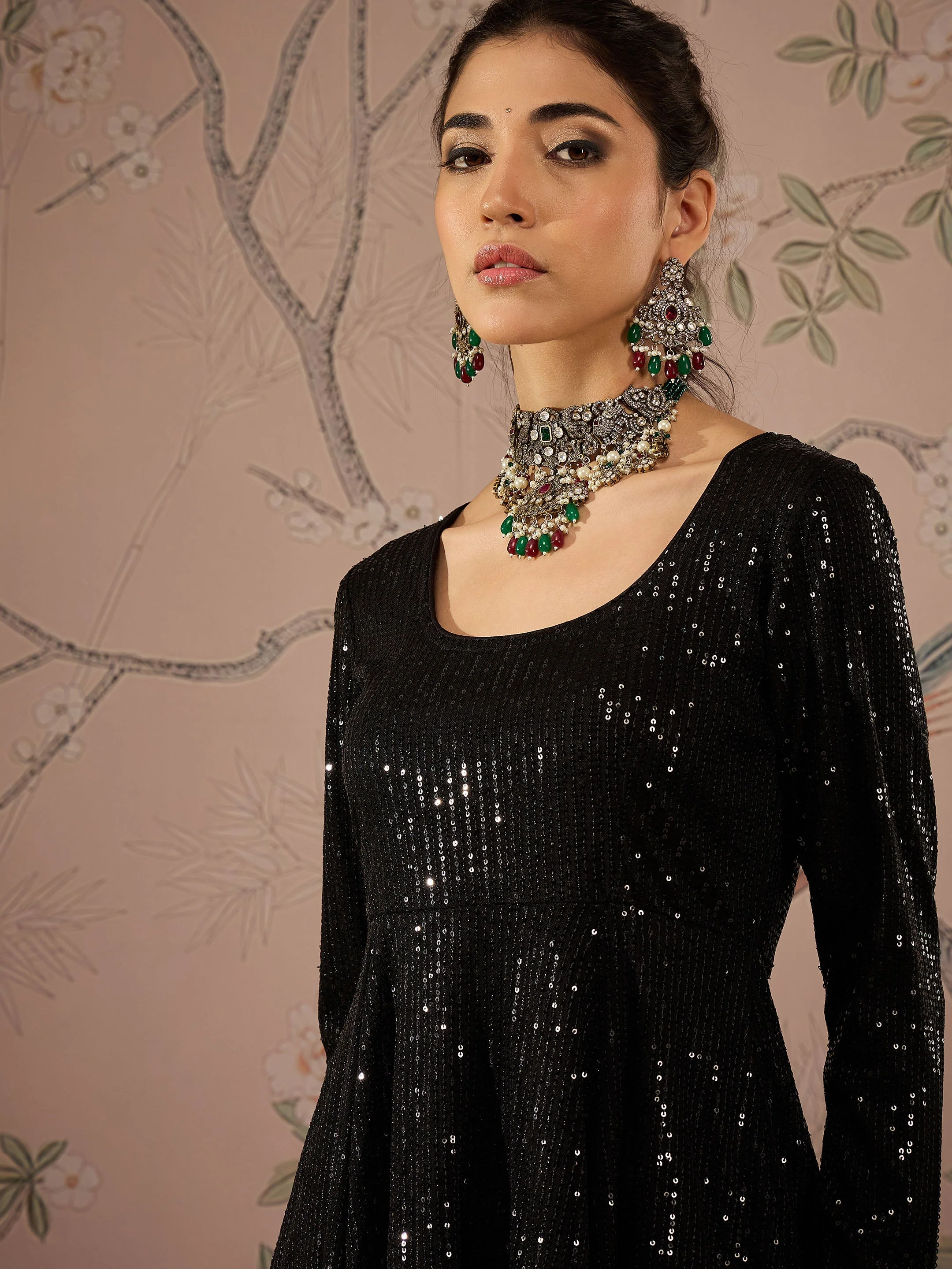 Women Black Sequins Peplum Top With Flared Pants - Image 4