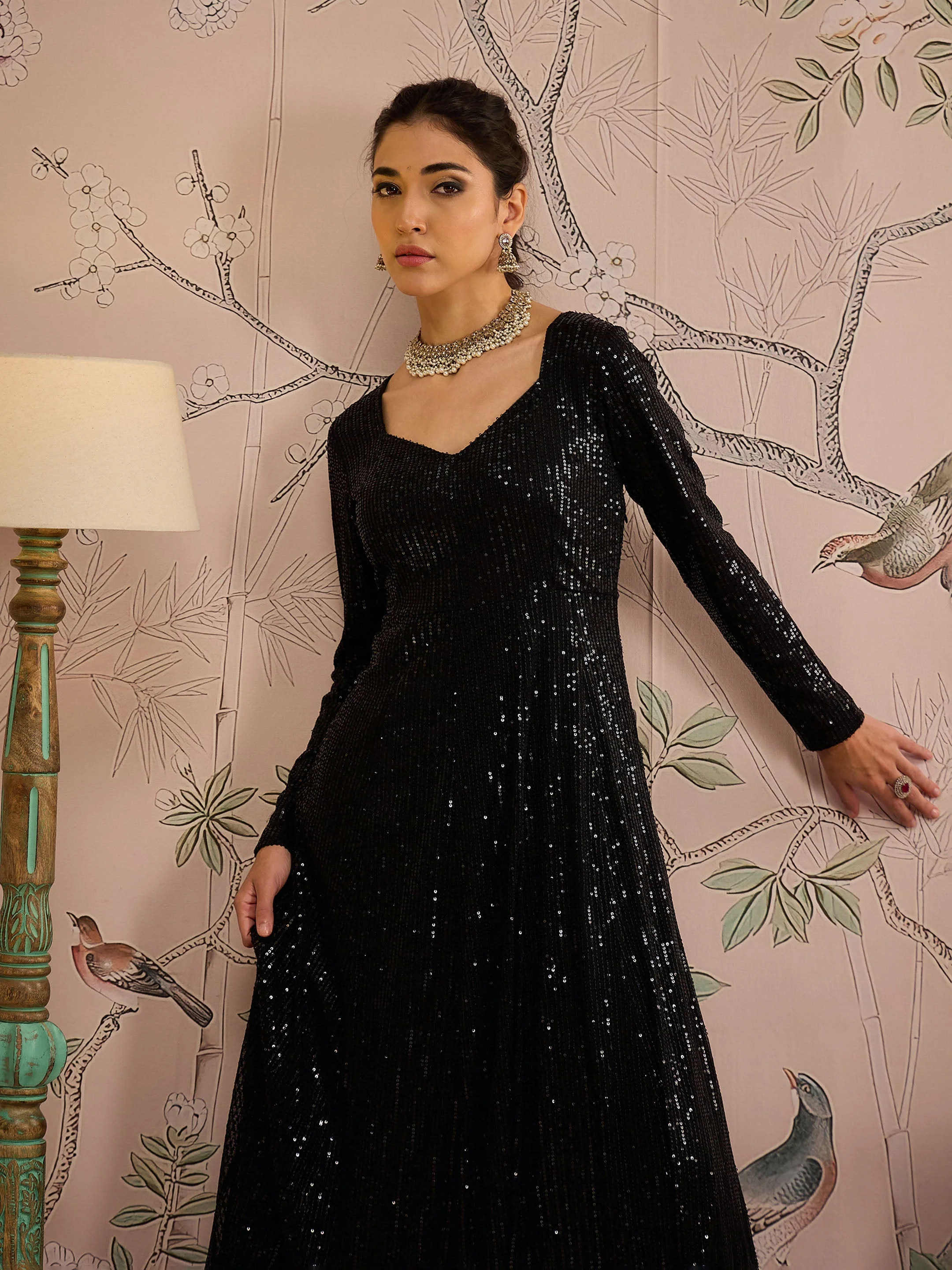 Women Black Sequins Sweetheart Neck Anarkali Kurta - Image 2