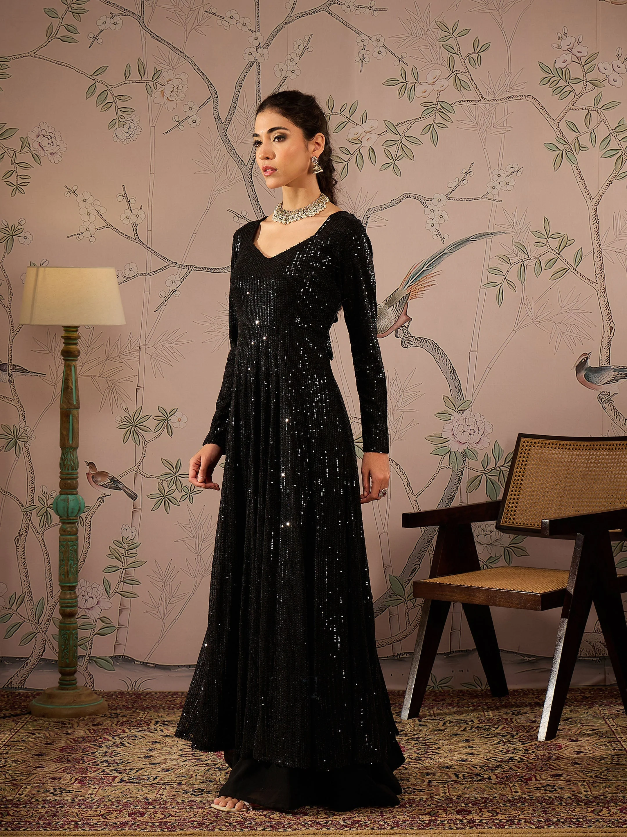 Women Black Sequins Sweetheart Neck Anarkali Kurta - Image 3
