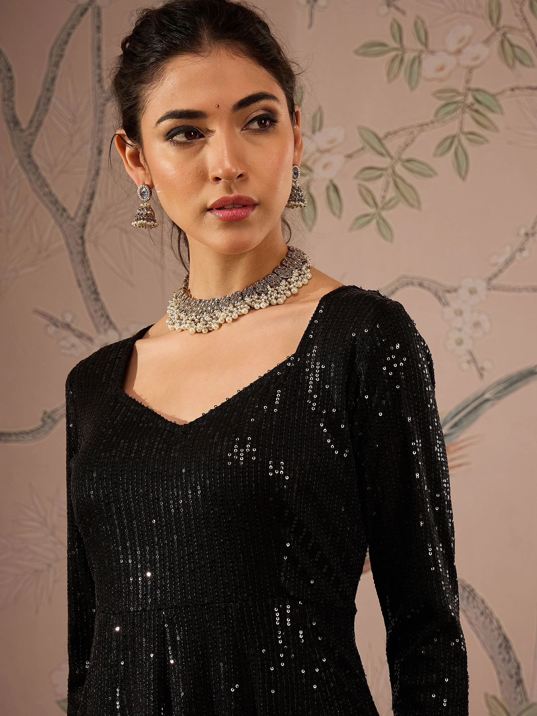 Women Black Sequins Sweetheart Neck Anarkali Kurta - Image 4