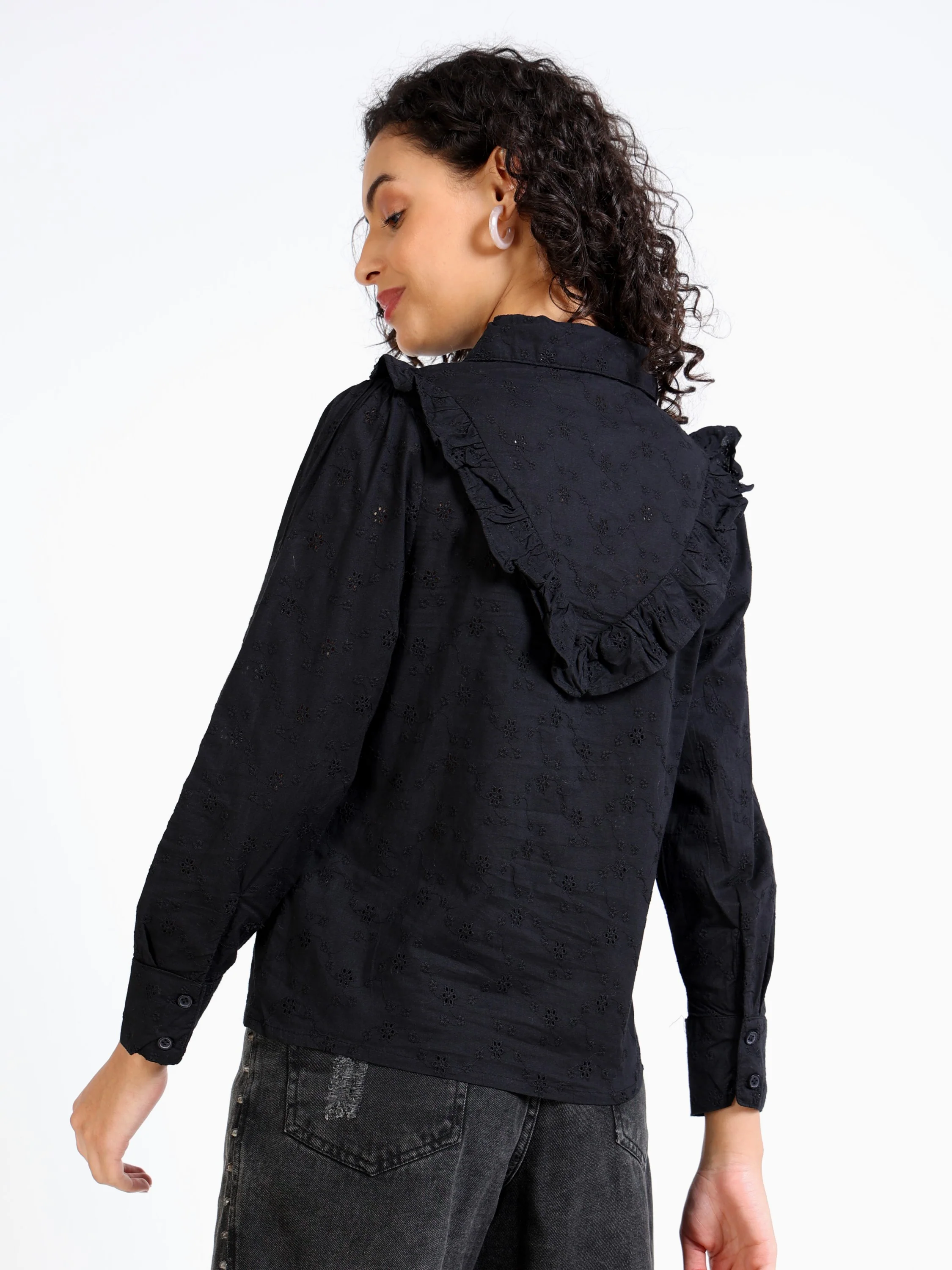 Women Black Frilled Neckline Top - Image 2