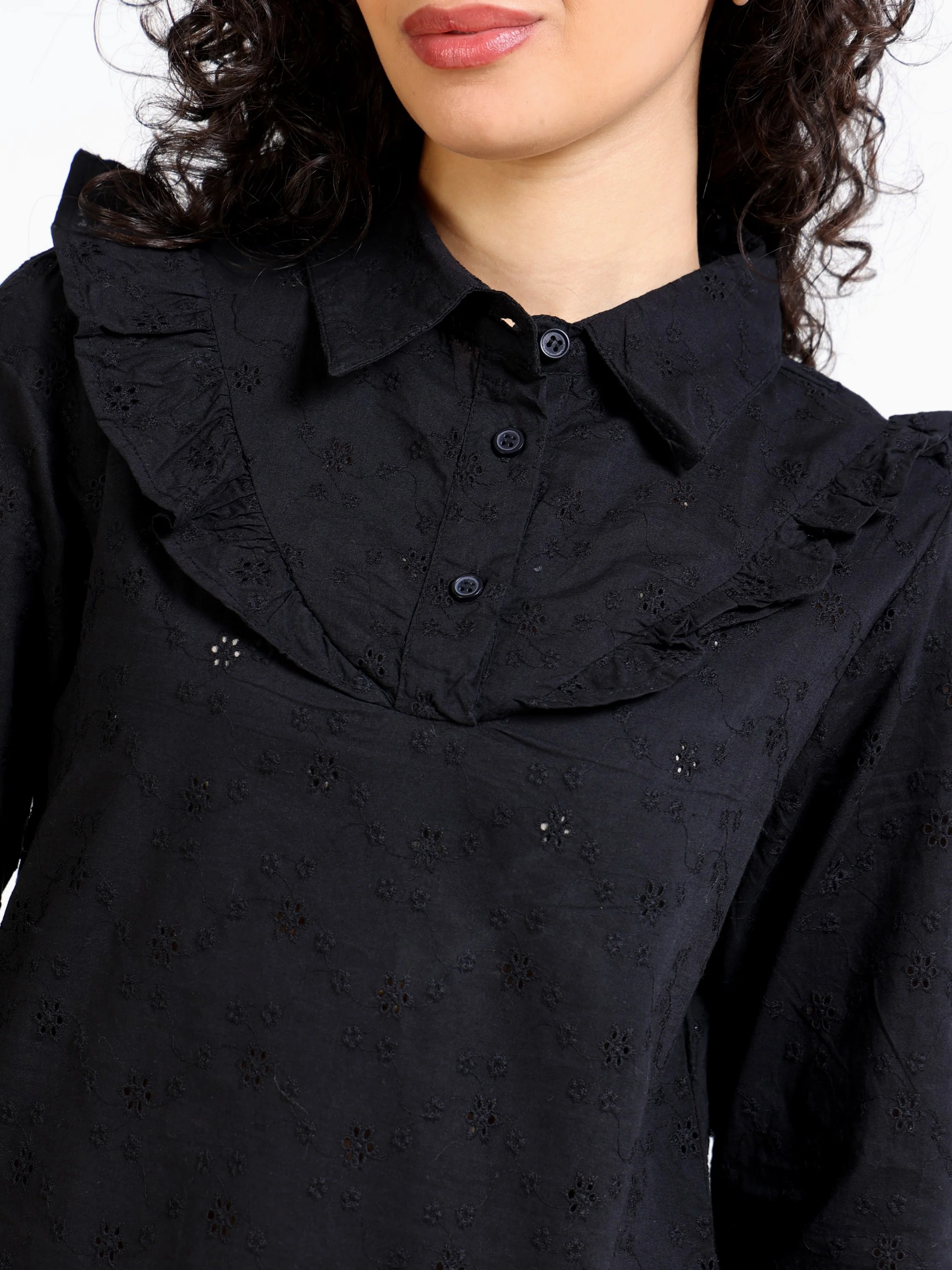 Women Black Frilled Neckline Top - Image 3