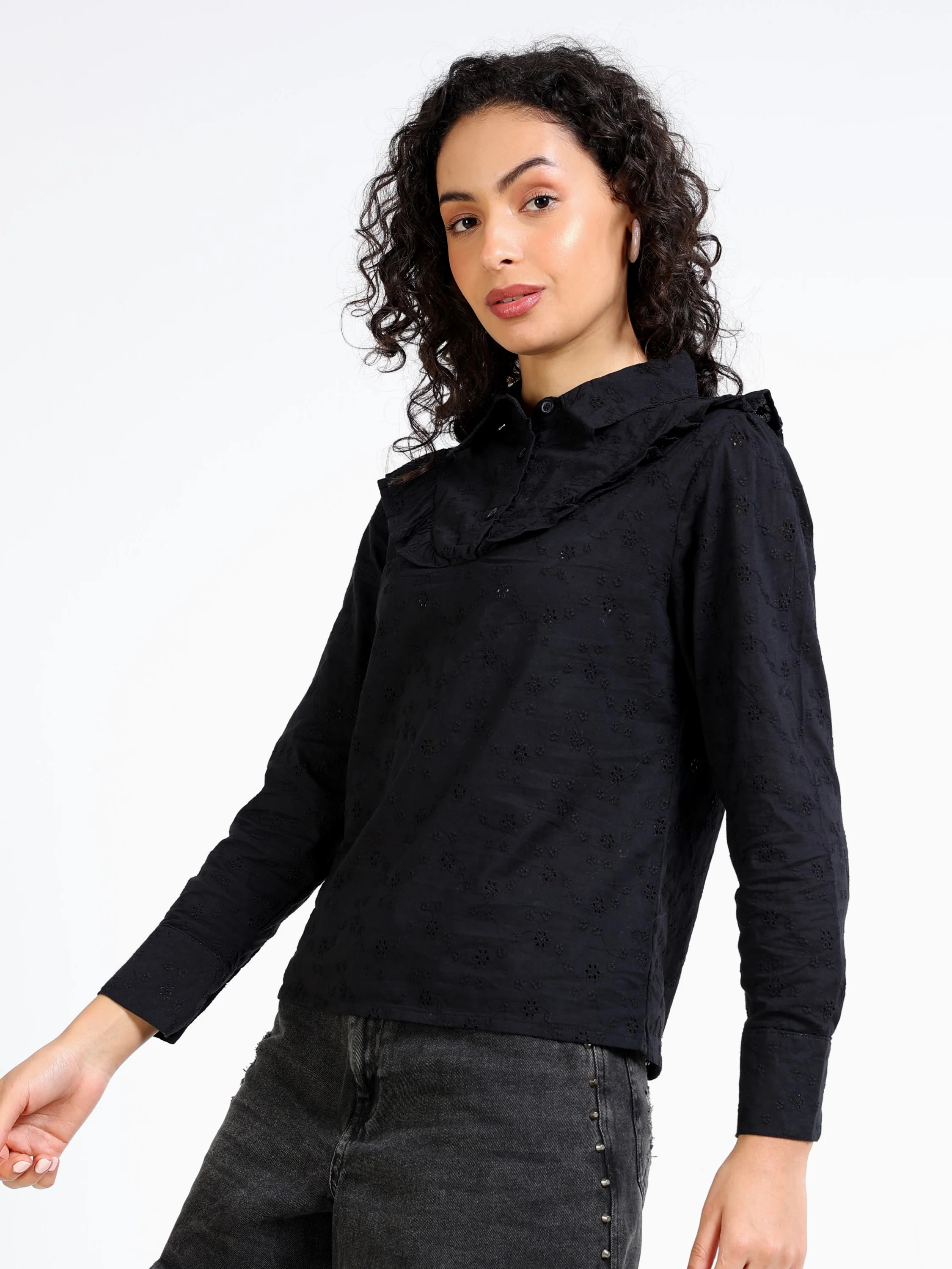 Women Black Frilled Neckline Top - Image 4